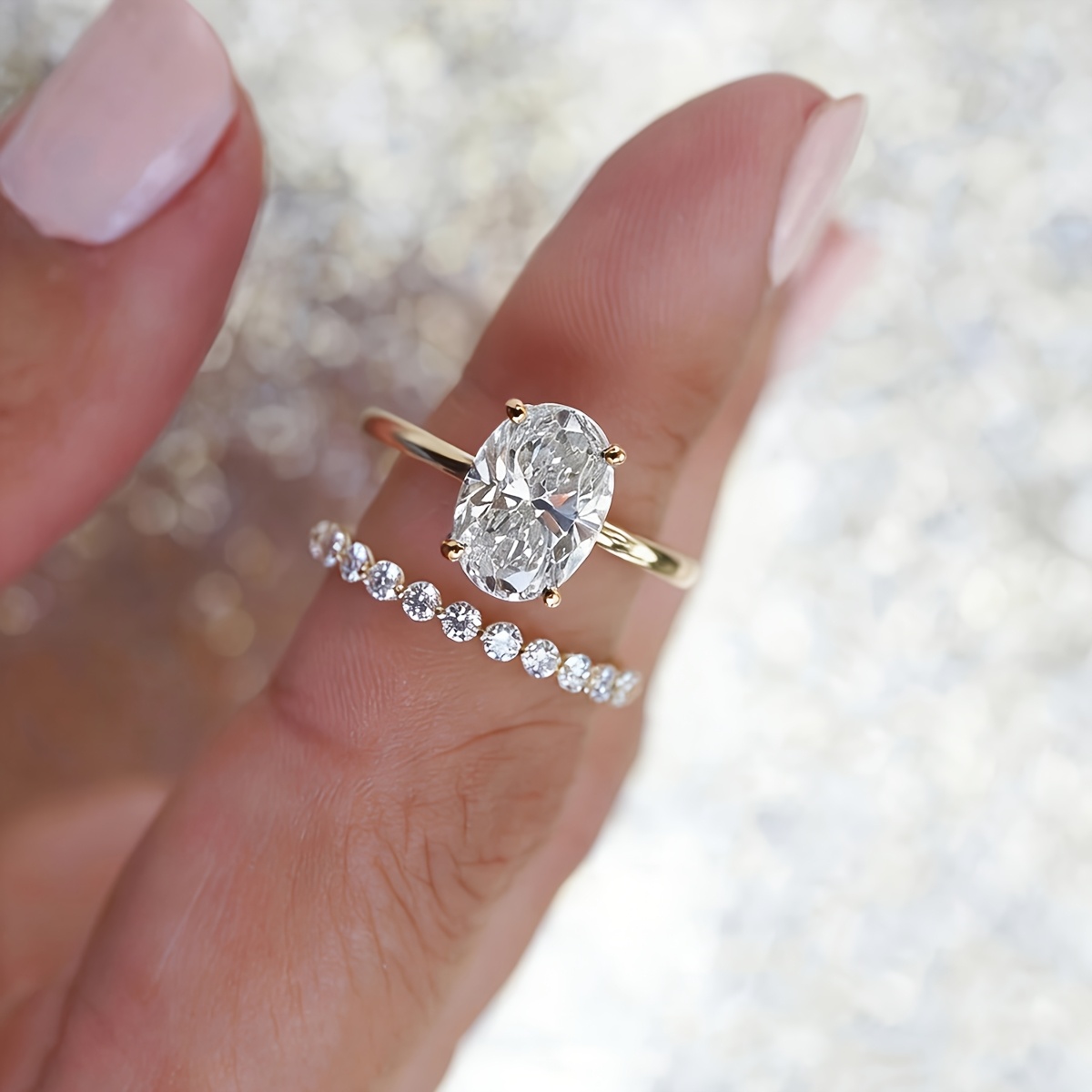 2pc Oval CZ Ring Set, Luxurious Stackable Wedding Bands