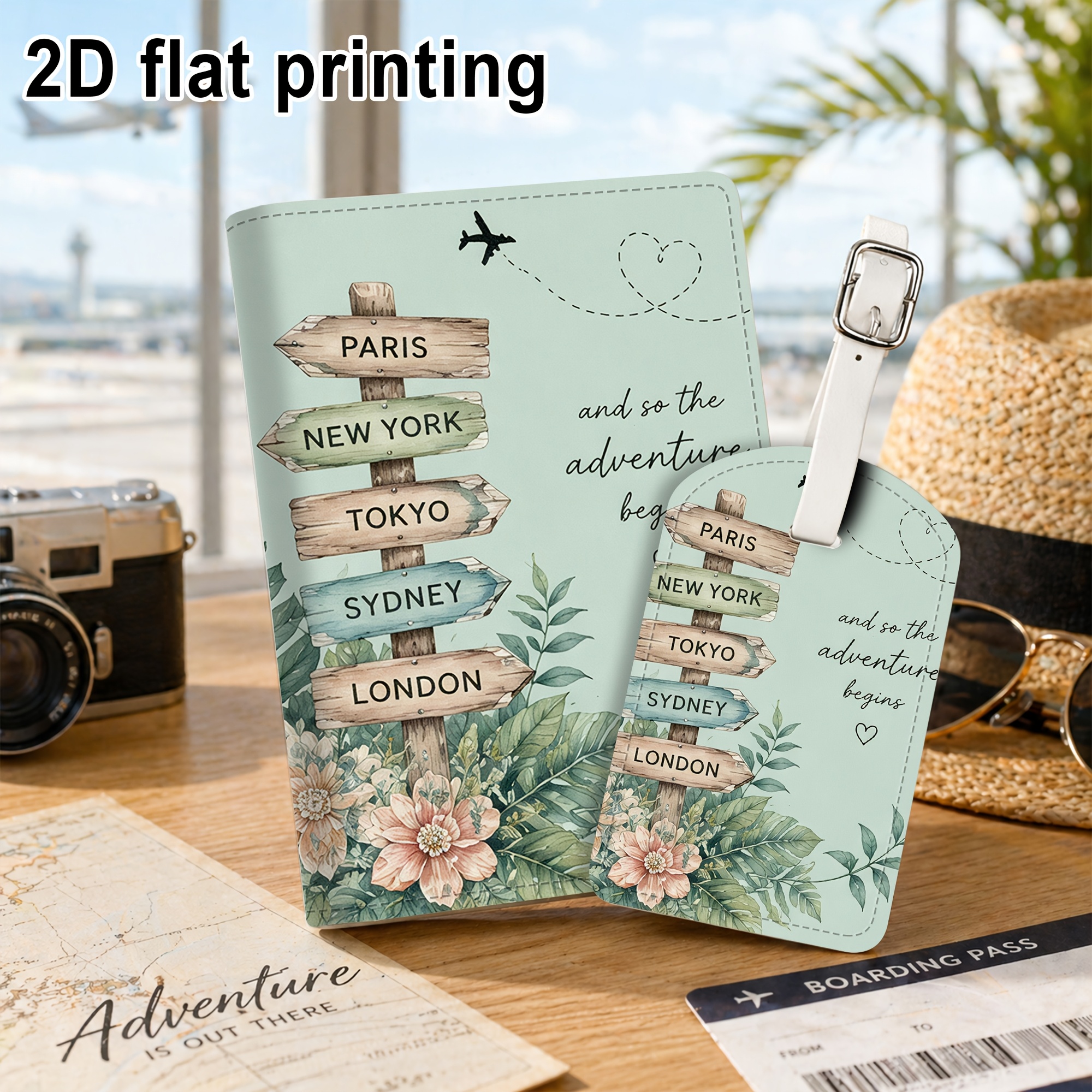 TEMU 2pcs Set (2d Flat Printing) Tokyo Sydney London Travel Destinations With "" Text And Heart Airplane Pattern, Passport Holder Luggage Tag,