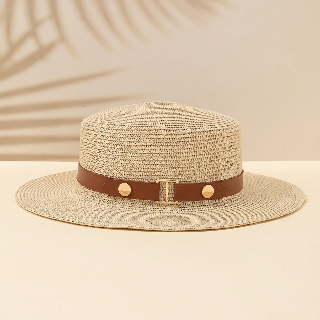 

1pc Women's Rivet Belt Decoration Simple Fashion Flat Beige Sunshade Straw Hat For Going Out And Playing, Seaside Vacation Dressing, Wedding Season Dressing, Summer Sun Protection Gift