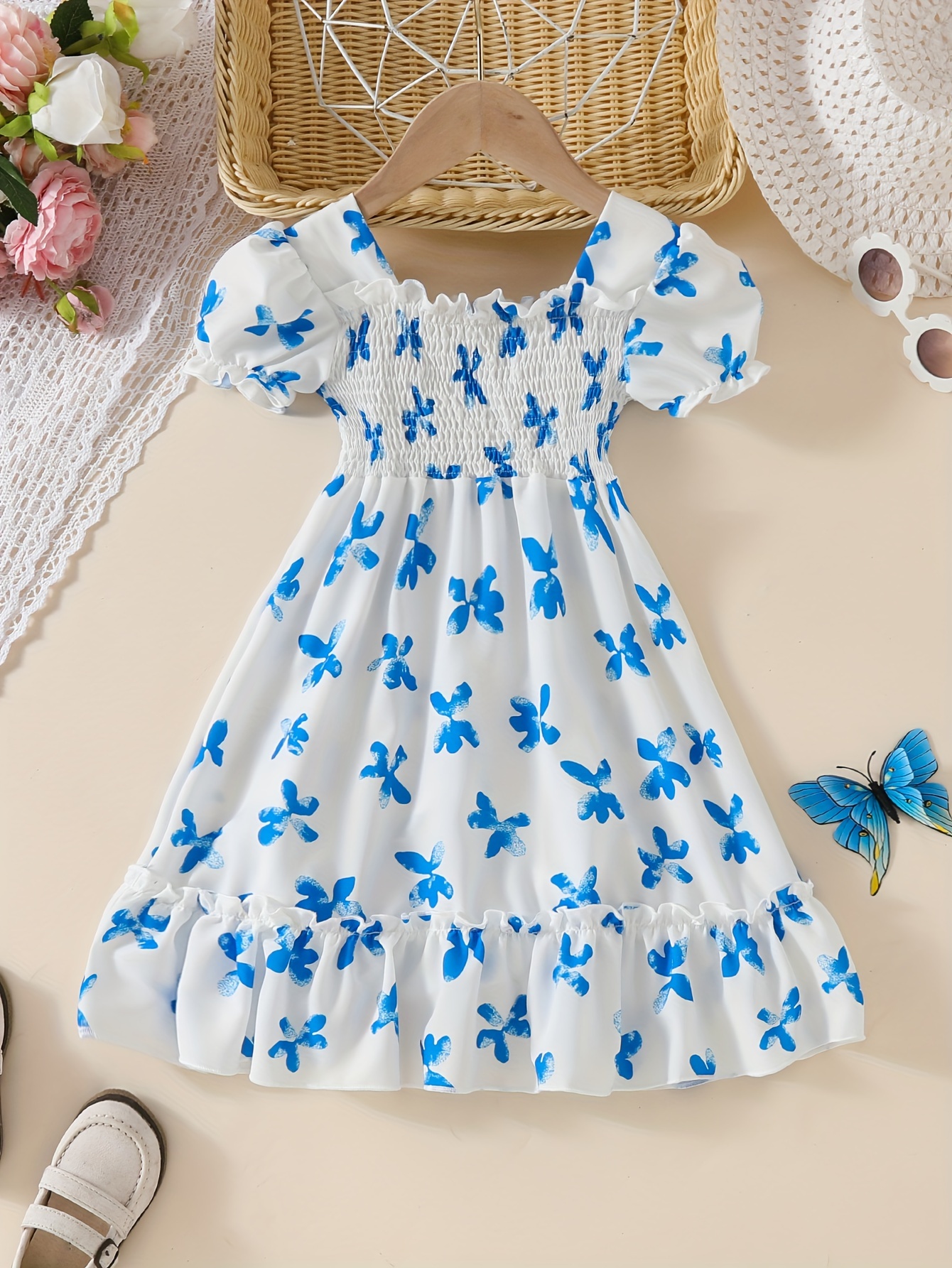 girls summer floral dress puff sleeves lightweight - Temu Brazil