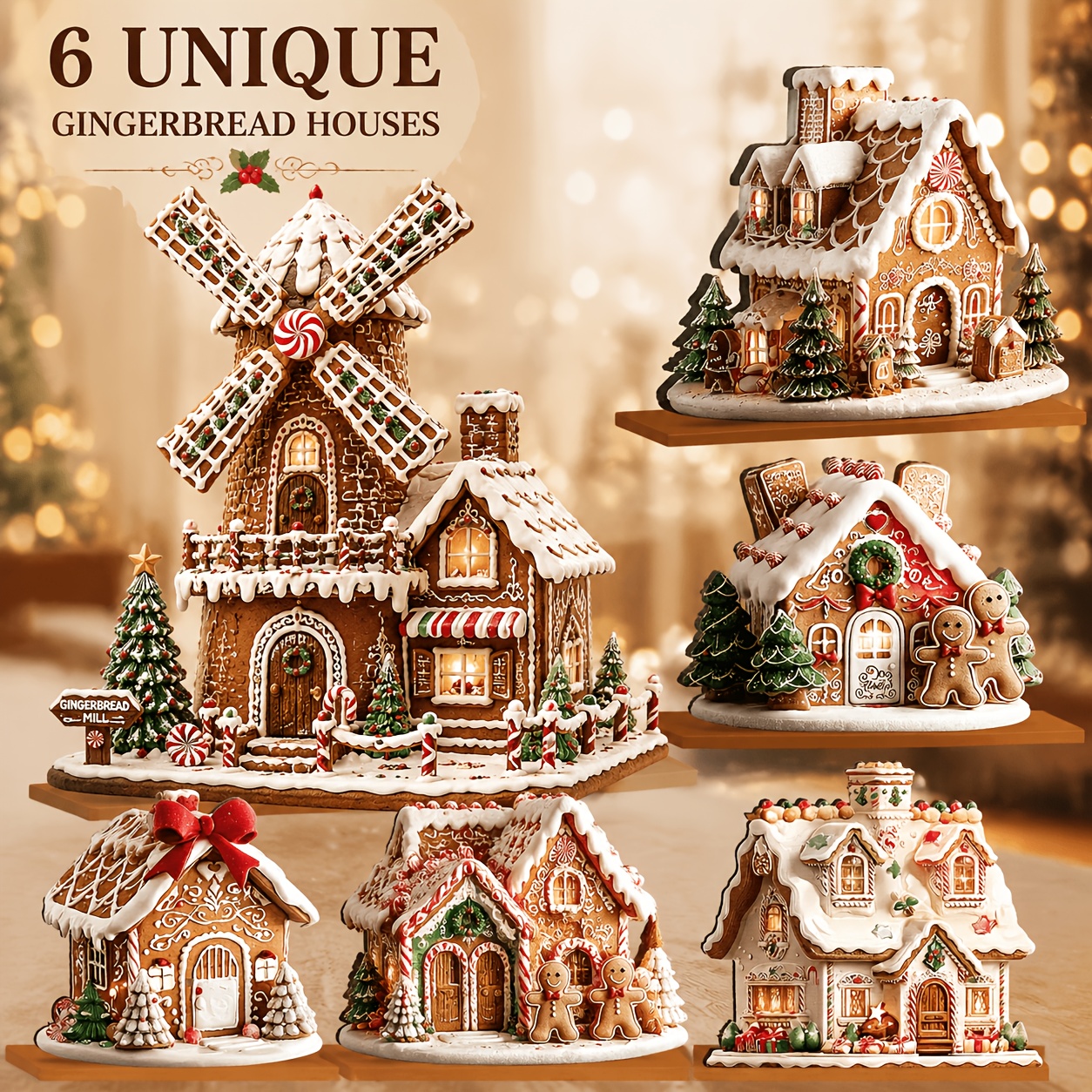 TEMU Ensemble de décoration de table de Noël Pain d'épices 6 pièces, Centre de table Village Maison d'épices avec base, Décoration de Noël festive à