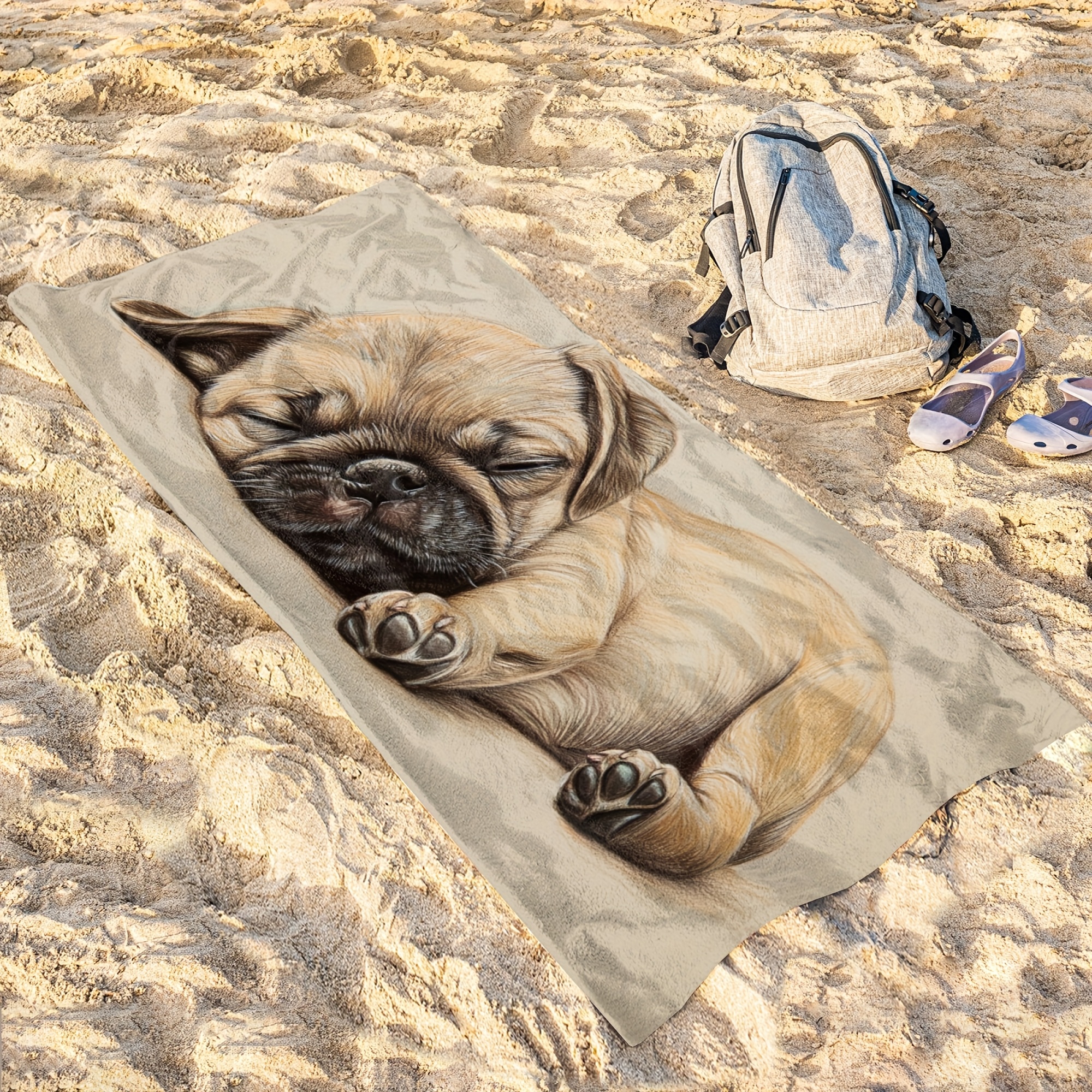 Microfiber Beach Towel With Sleeping Pug Puppy Design Lightweight_voghion.com