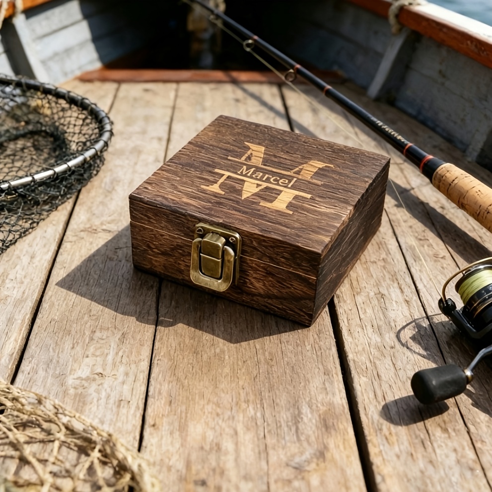 TEMU Custom Engraved Wooden Tackle Storage Box, Personalized Name-engraved Wooden Tackle Gift Box, Designed For Lures, The Gift For Men, , Fathers,