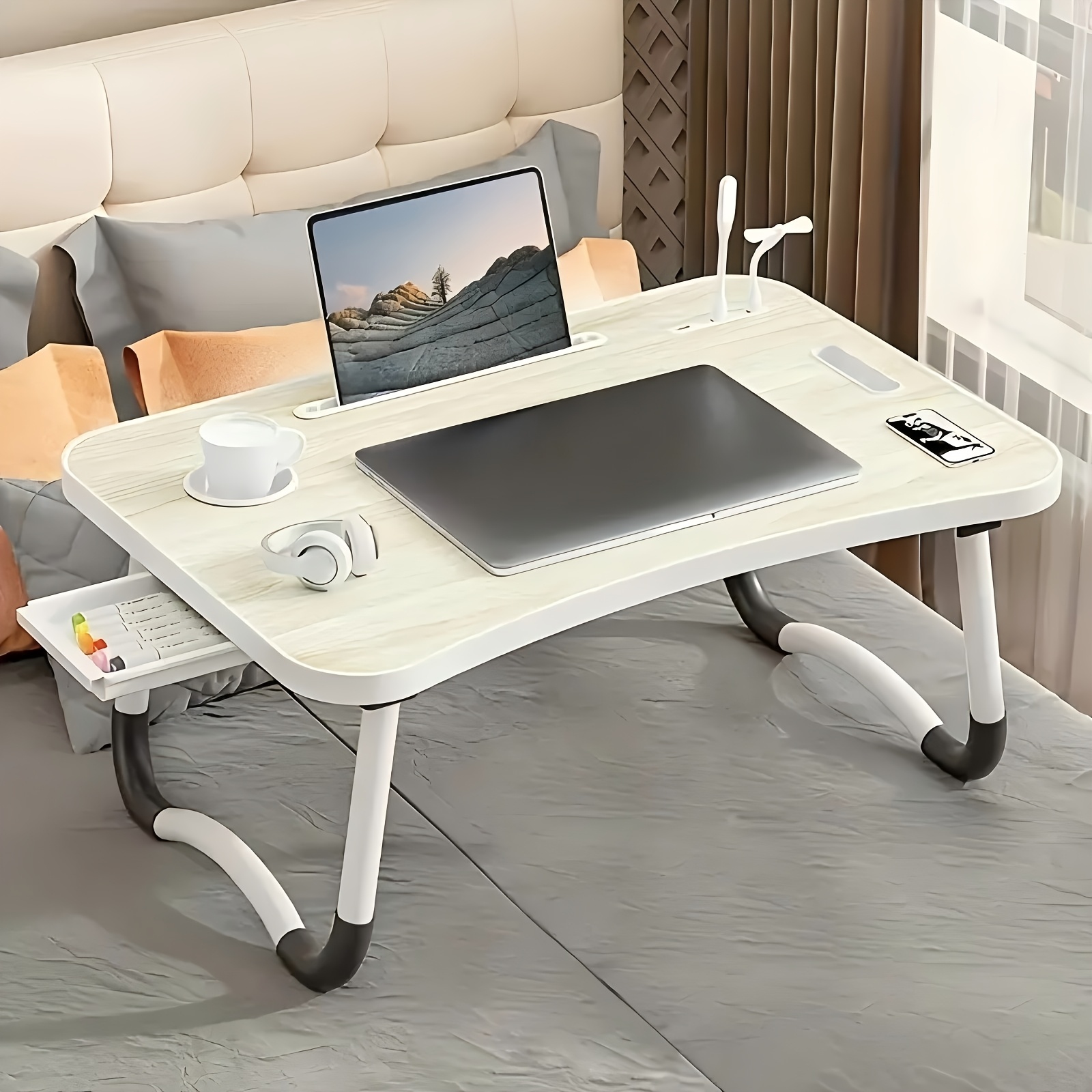 multifunctional leg rest table with cup holder and drawer usb fan and light portable foldable bed tray for laptop breakfast in bed reading and writing on sofa couch laptop desk on bed