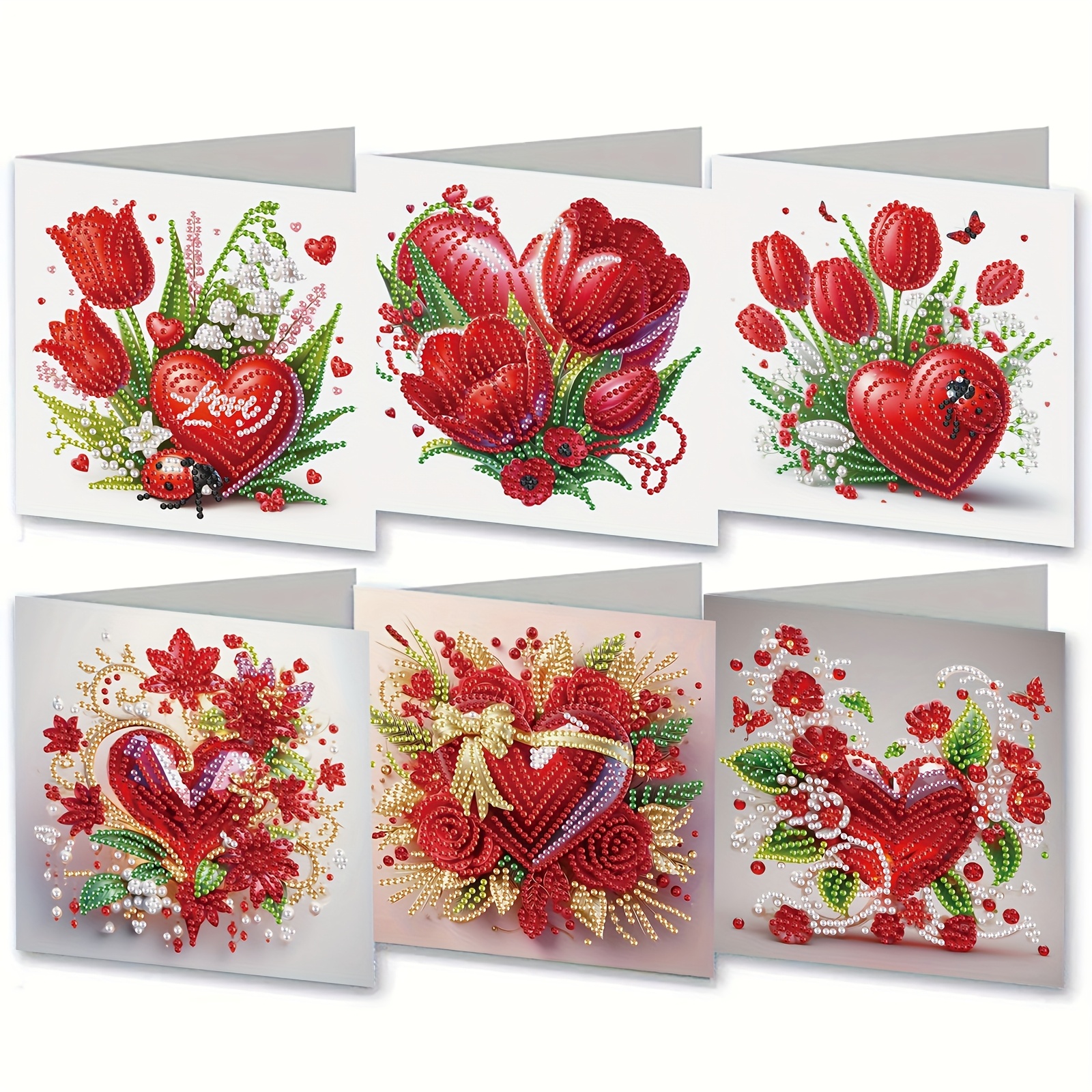 

6-pack Valentine's Day Diamond Painting Greeting Cards Set - , Ladybug & Heart Patterns, Handmade Message Cards With Envelopes, Irregular Shaped Paper Craft, Romantic Gift Set