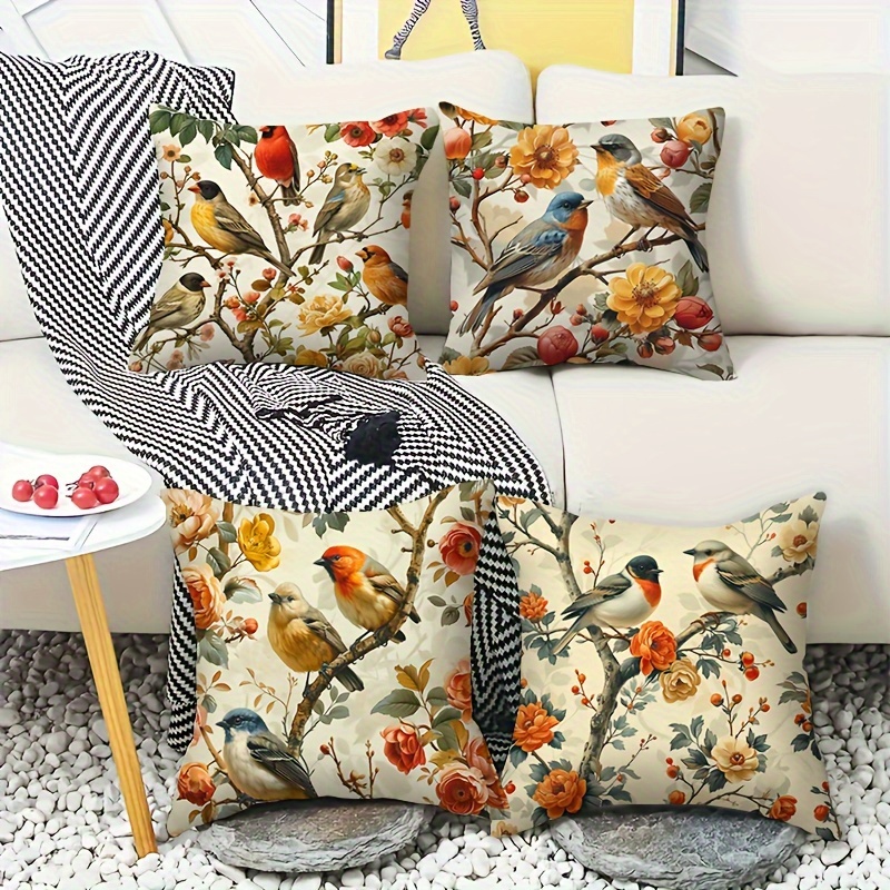 

4pcs Set Floral & Bird Pattern Throw Pillow Covers - Zippered, Machine Washable Polyester Cushion Cases For Sofa, Bed, Car, And Home Decor