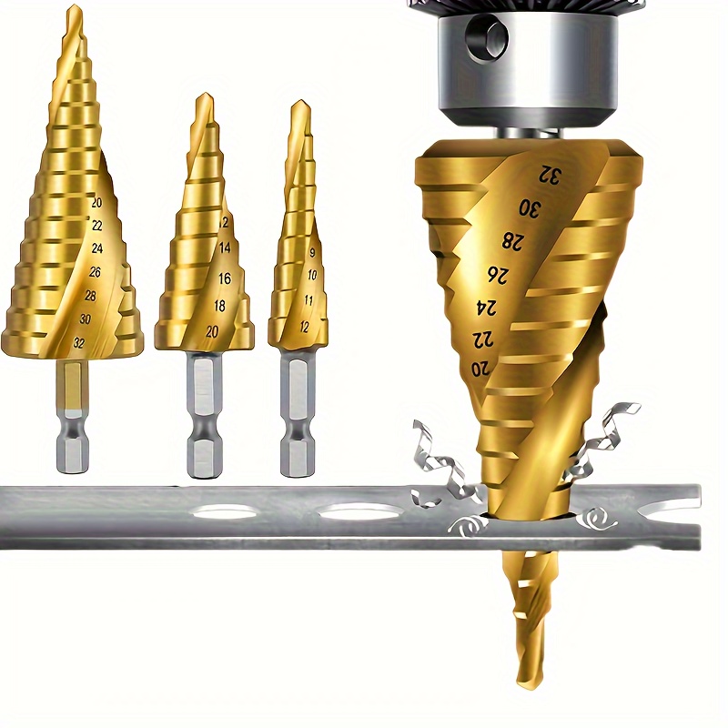 

3pcs Titanium Step Drill Bit Set, 4-12mm To 4-32mm - Spiral , Hex Shank, Steel For Wood & Metal, Waterproof/stain Resistant, Cone Drill, Woodworking Hole