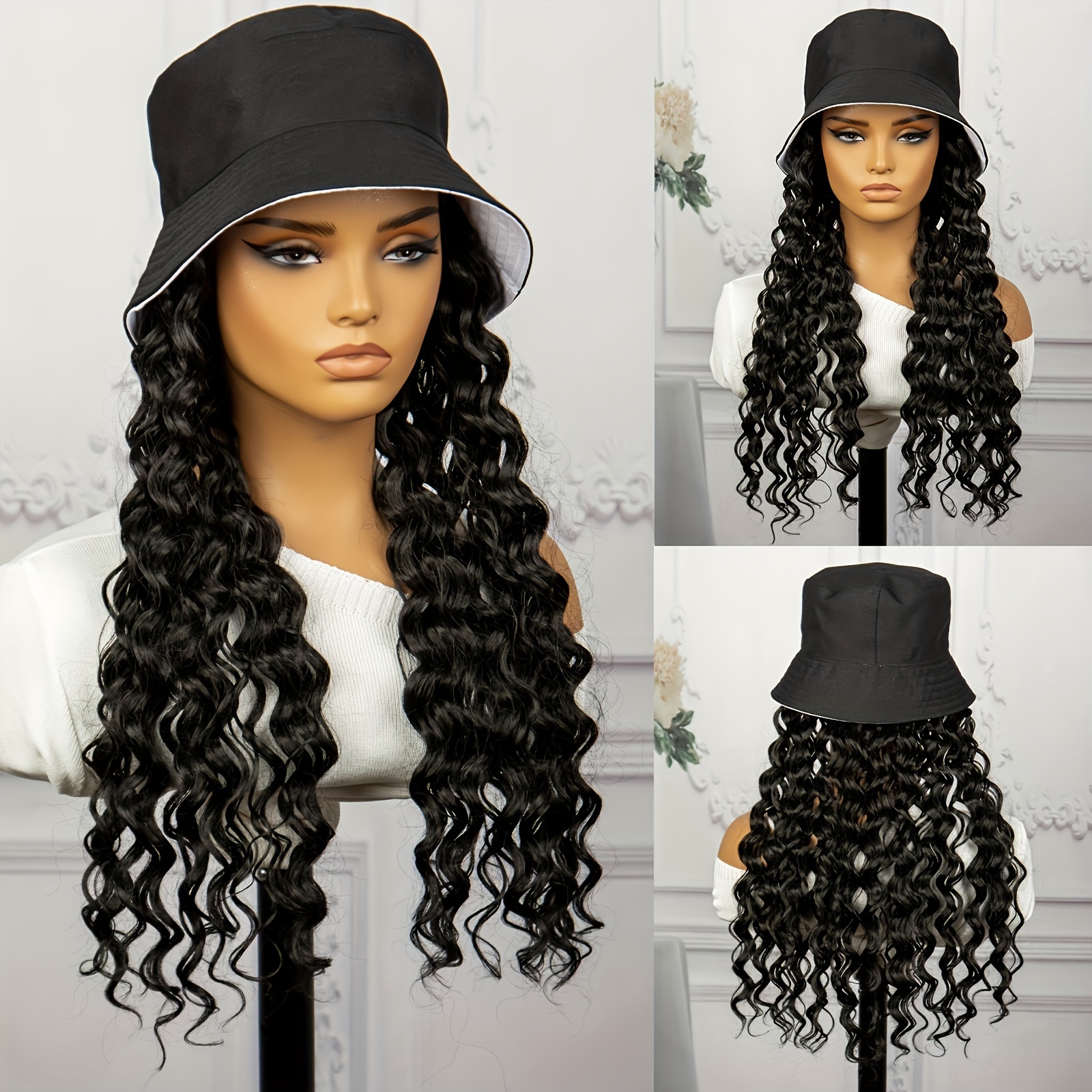 Hat Wigs Long Deep Wave Hair Wigs With Bucket Hat Attached Synthetic Curly  Wavy Hat Wigs For Women For Daily Party Holiday Wear