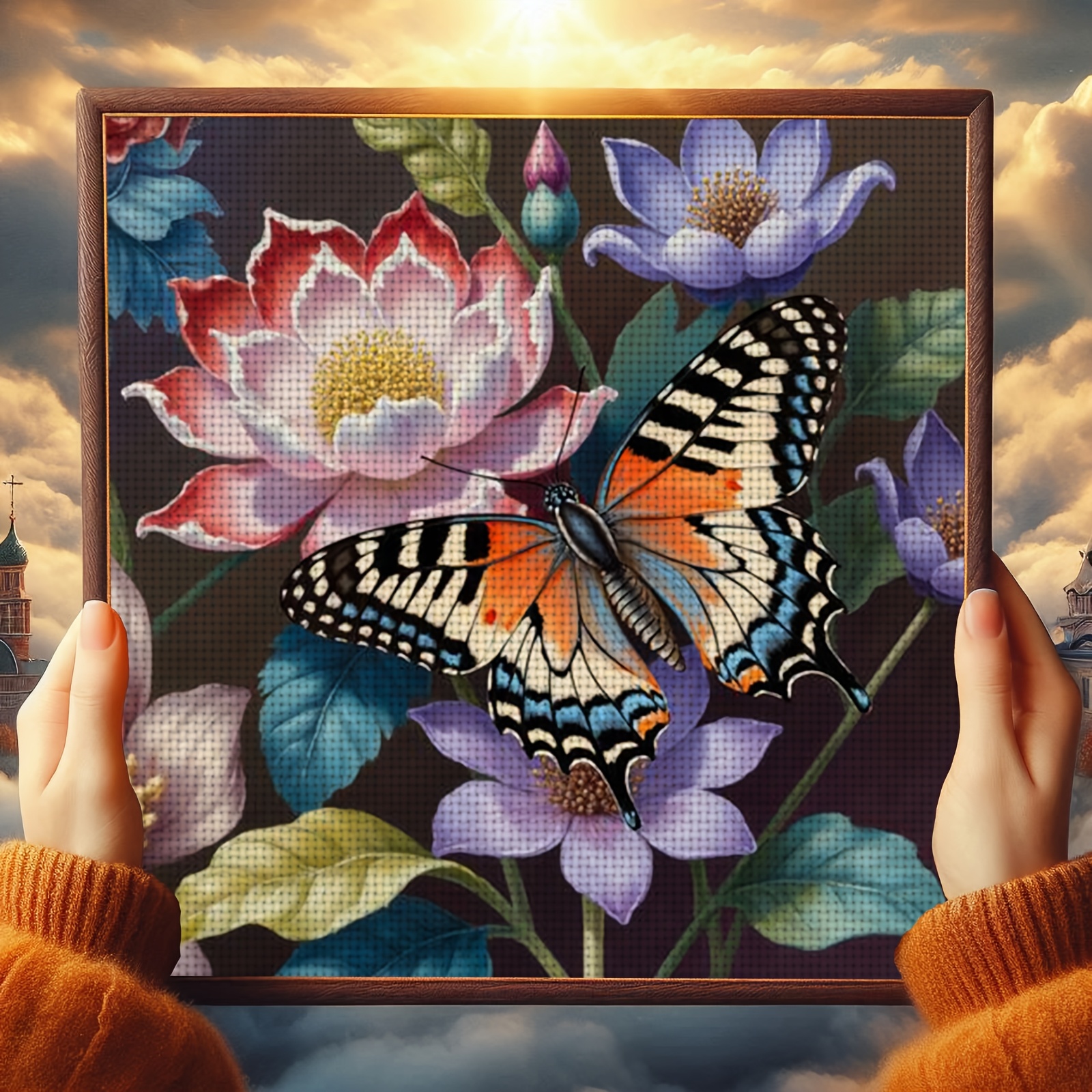 Cross Stitch Kit, Colorful Butterflies Resting on Flowers
