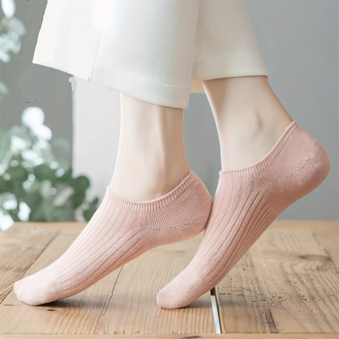 5-Pack Women's Elegant Invisible No-Show Ankle Socks - Soft Polyester Blend, Seamless Comfort, All-Season Wear, Assorted Neutral Colors (White, Light Blue, Pink, Grey, Black), Cute Socks, Casual Footwear, Minimalist Design, Comfortable Wear