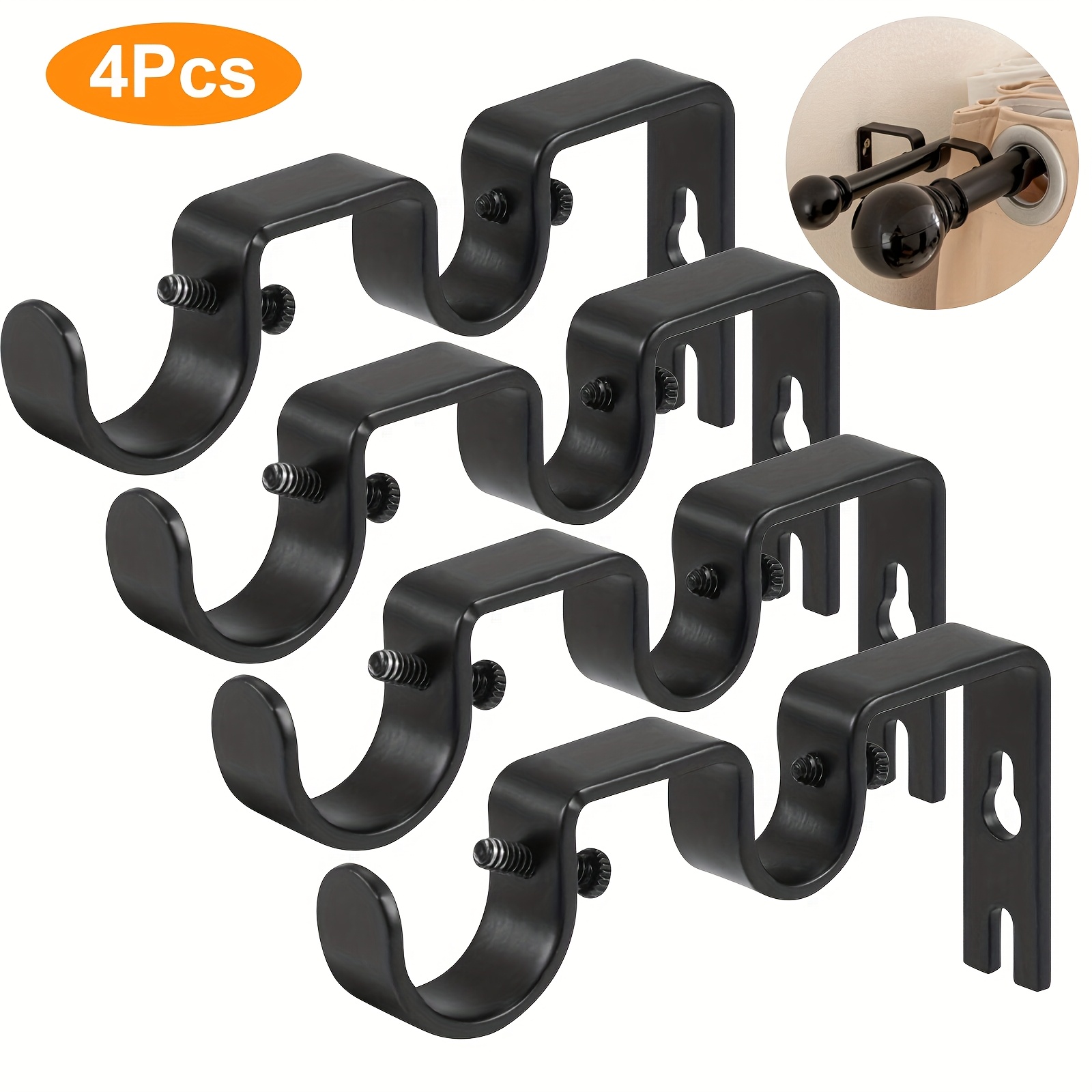 TEMU Set Of 4 Metal Brackets For Double Curtain Rods, Complete With Screws, Designed For Wall Mounting In Bedrooms, Living Rooms, Or Offices
