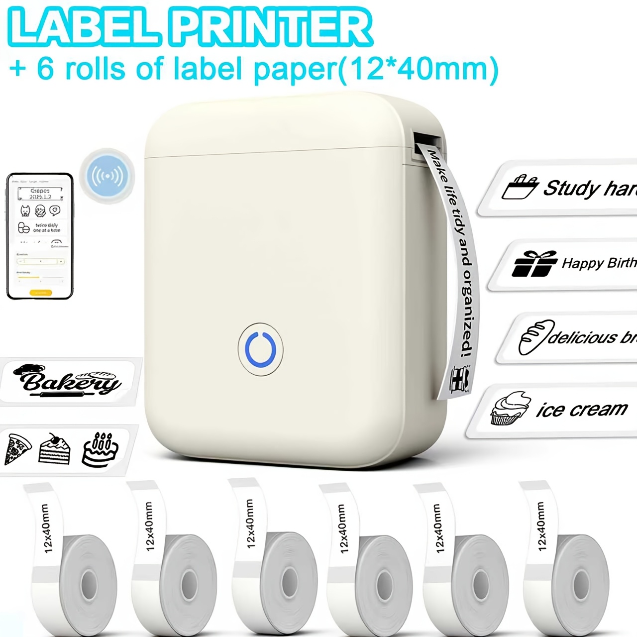 tintenloser etikettendrucker - tragbarer kabelloser etikettendrucker mit 6 rollen etikettenpapier (12 x 40 mm).   für büros, küchen zu hause und schulen.   mini-etikettendrucker, kompatibel mit ios und  .