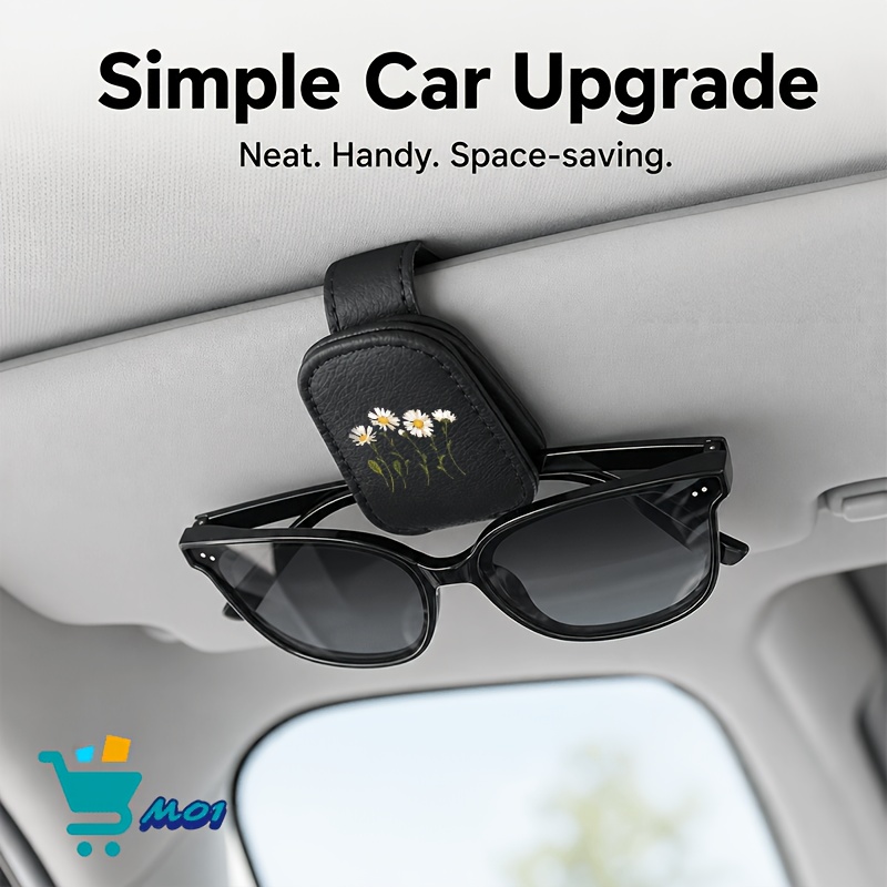 TEMU 1pc Watercolor Daisy Stem And Leaves Pattern Print Car Visor Eyeglass Holder Clip With Pu Suitable For Driving Glasses Storage, Handed Operation