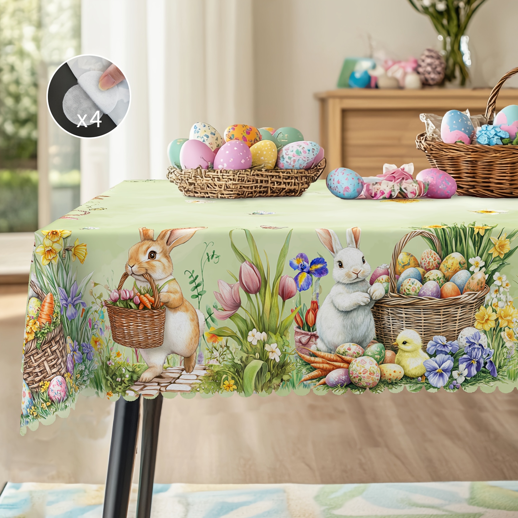 

1pc Easter Spring Round And Square Tablecloth + 4pcs Self-adhesive, 5 Sizes, Egg Pattern Tablecloth, Easter Theme Pastoral Table Decoration, Suitable For Picnic Or Party Use Tablecloth, Gift