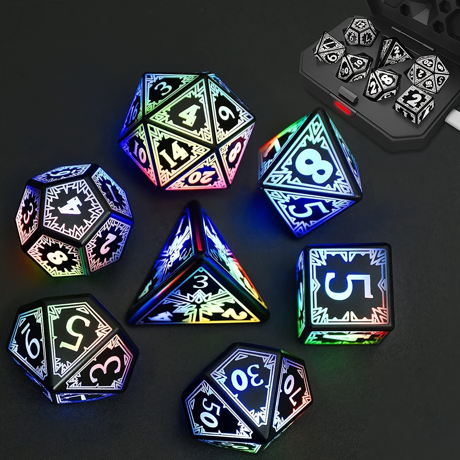 TEMU 7pcs Led Dnd Electronic Dice Set, Light Up Dice With Charging Box, Led Dice Set Of 7 Usb Rechargeable Glowing Led Polyhedral Dice, Shake To