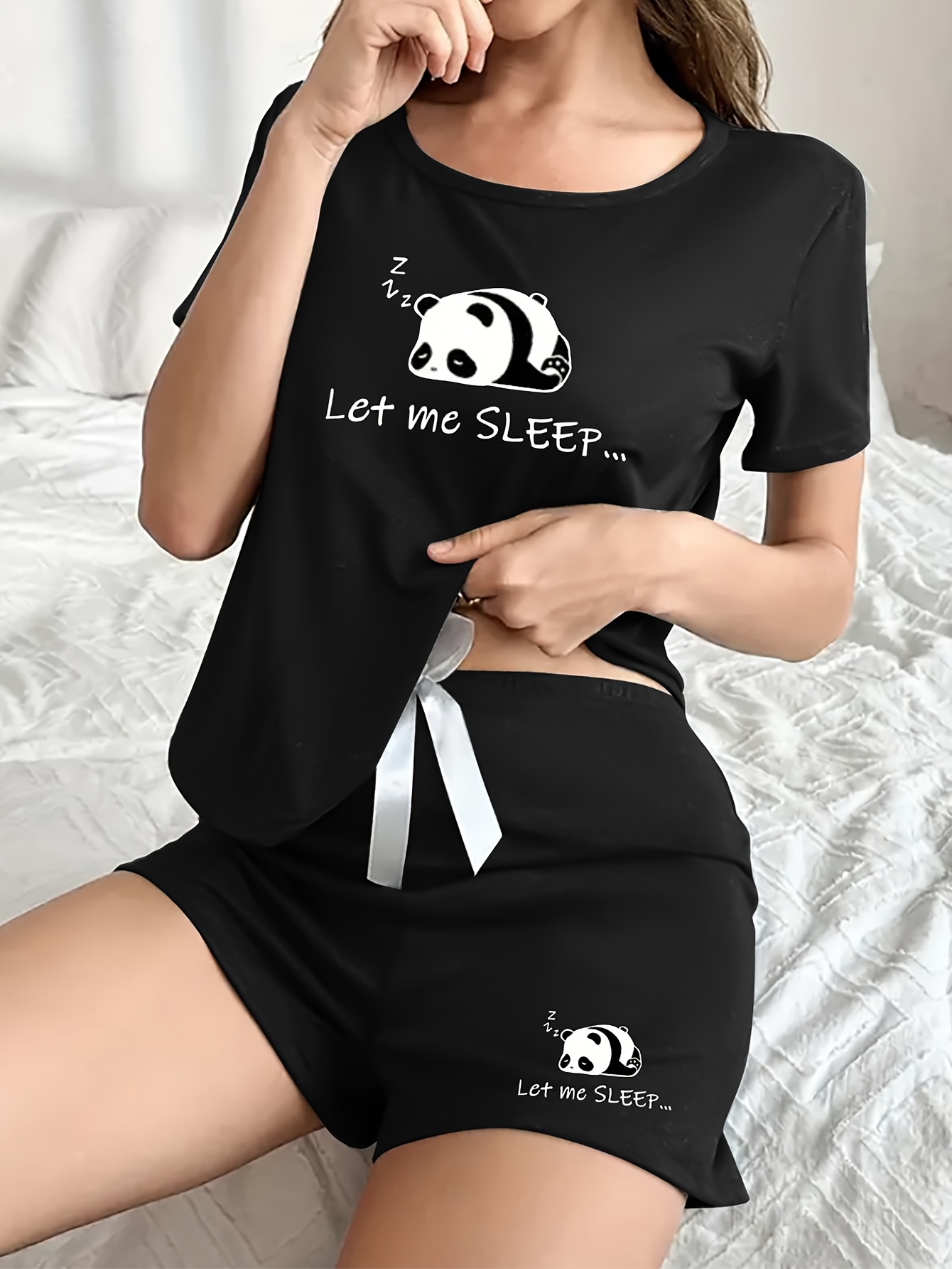 womens cute panda print pajama set with bow detail soft stretchy fabric short sleeve top elastic shorts   spring summer sleepwear and relaxation sleepwear   print   pajama set details 6