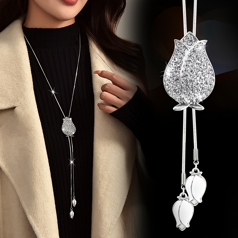 Image of Luxury High-end Rhinestone Tassel Tulip Sweater Chain, Long Necklace For Autumn And Winter Coat Accessories