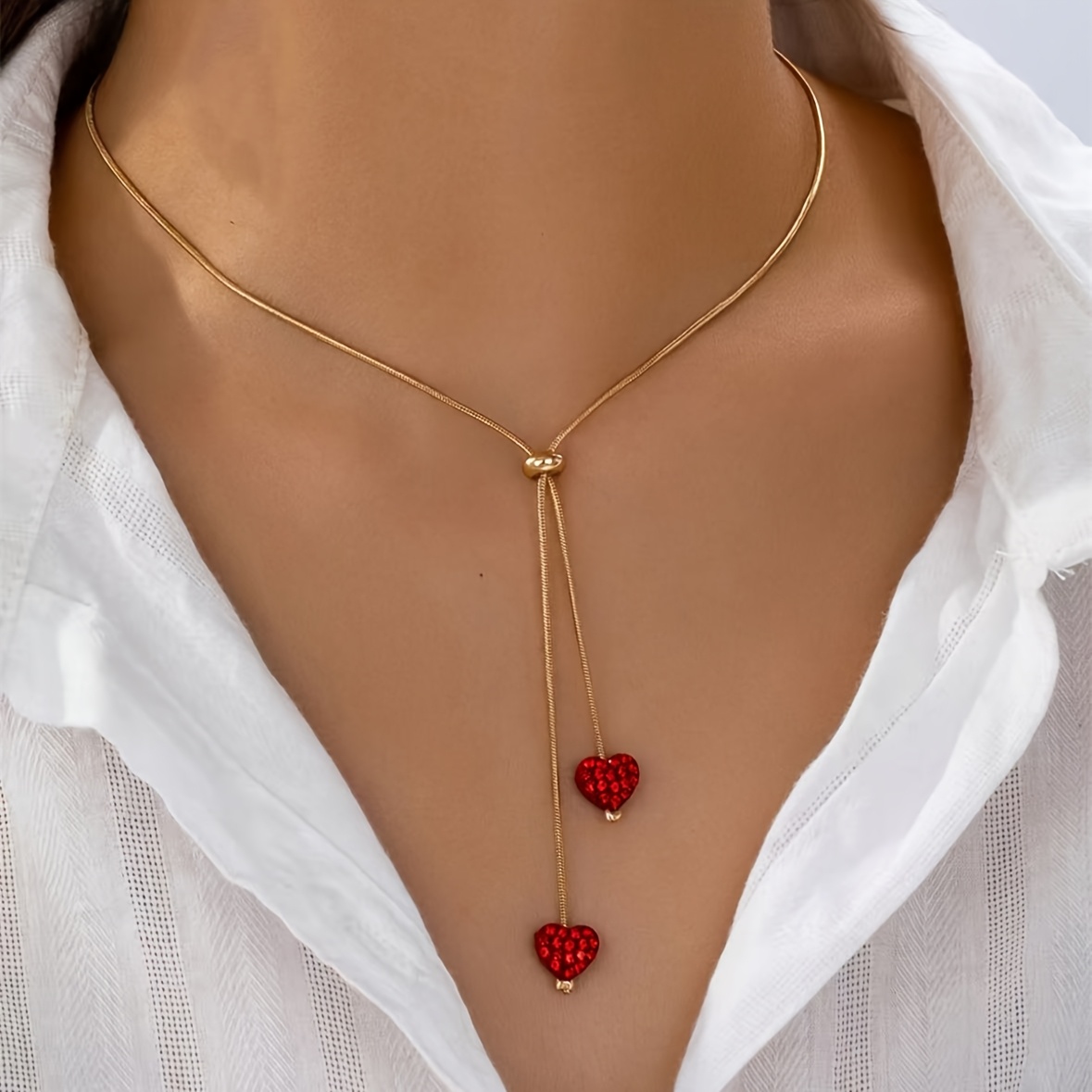 Image of 1 Fashionable Exquisite Elegant Personality Street Style Sexy Synthetic Rhinestone Heart Pendant Design Y-shaped Adjustable Drawstring Necklace