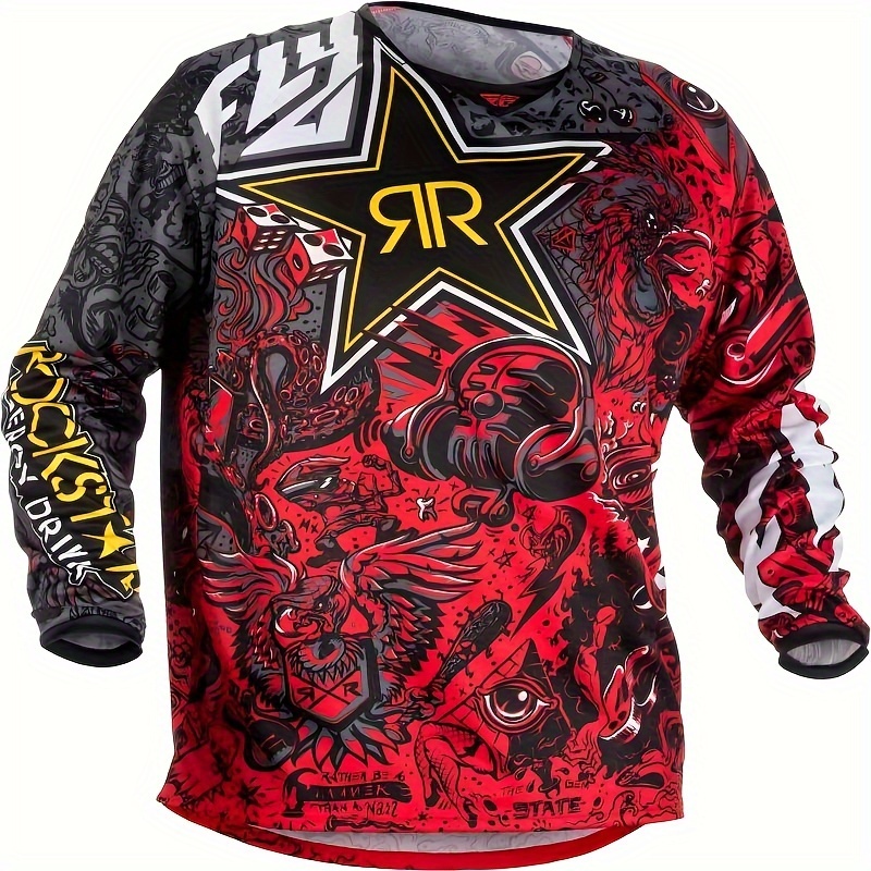TEMU Rock Star Breathable Long-sleeve Motorcycle Jersey - Cartoon/, Loose Fit, No Pockets, Machine Washable, Version