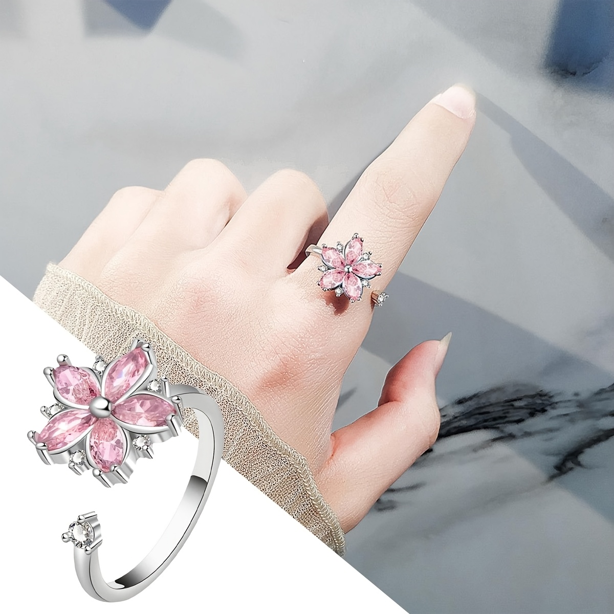 TEMU 1pc, European And - Copper Inlaid With Zirconia - Rust-proof - Exquisite And Fun Rotatable Flower Unisex Fashion Ring. Suitable For Holiday