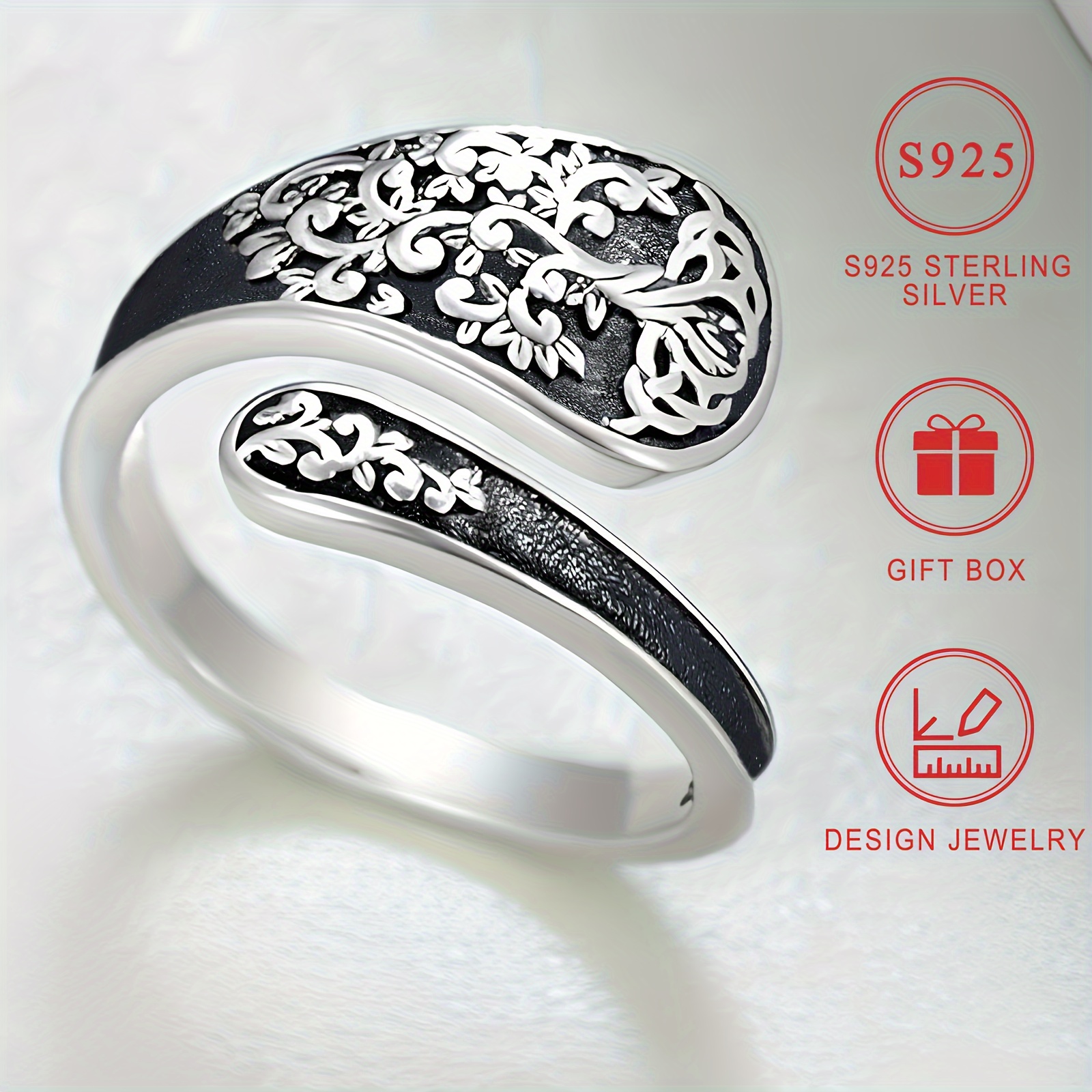 

Bague en argent sterling S925, style bohémien vintage hypoallergénique avec texture en relief 3D arbre de vie, bijoux idéaux pour femmes avec boîte cadeau