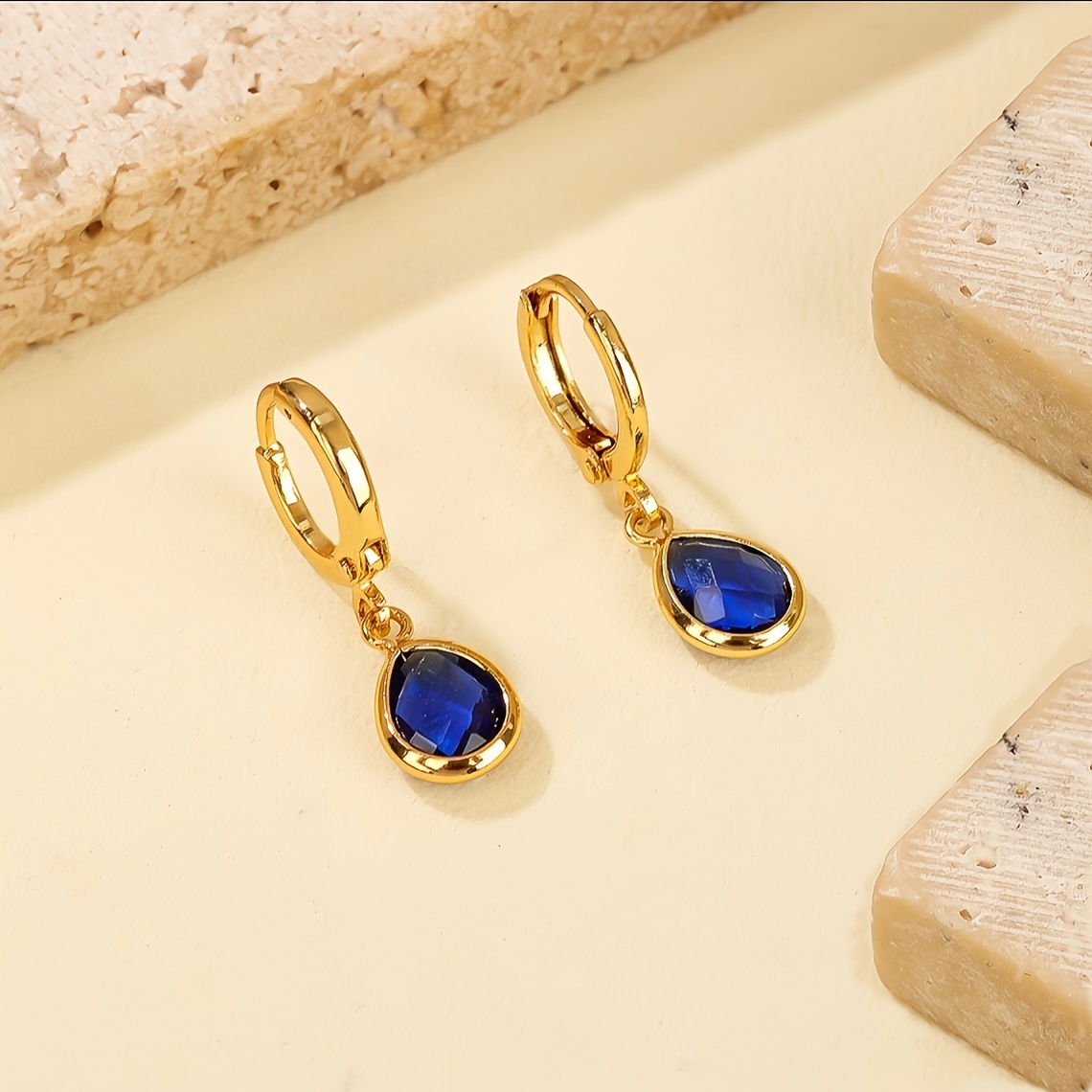 Image of A Pair Of 18k Golden Plated Copper Pendant Earrings With Blue Teardrop Shaped Zirconia - Japanese And Korean Sparkling Style Fashionable Earrings, Suitable For Parties And Music Festivals