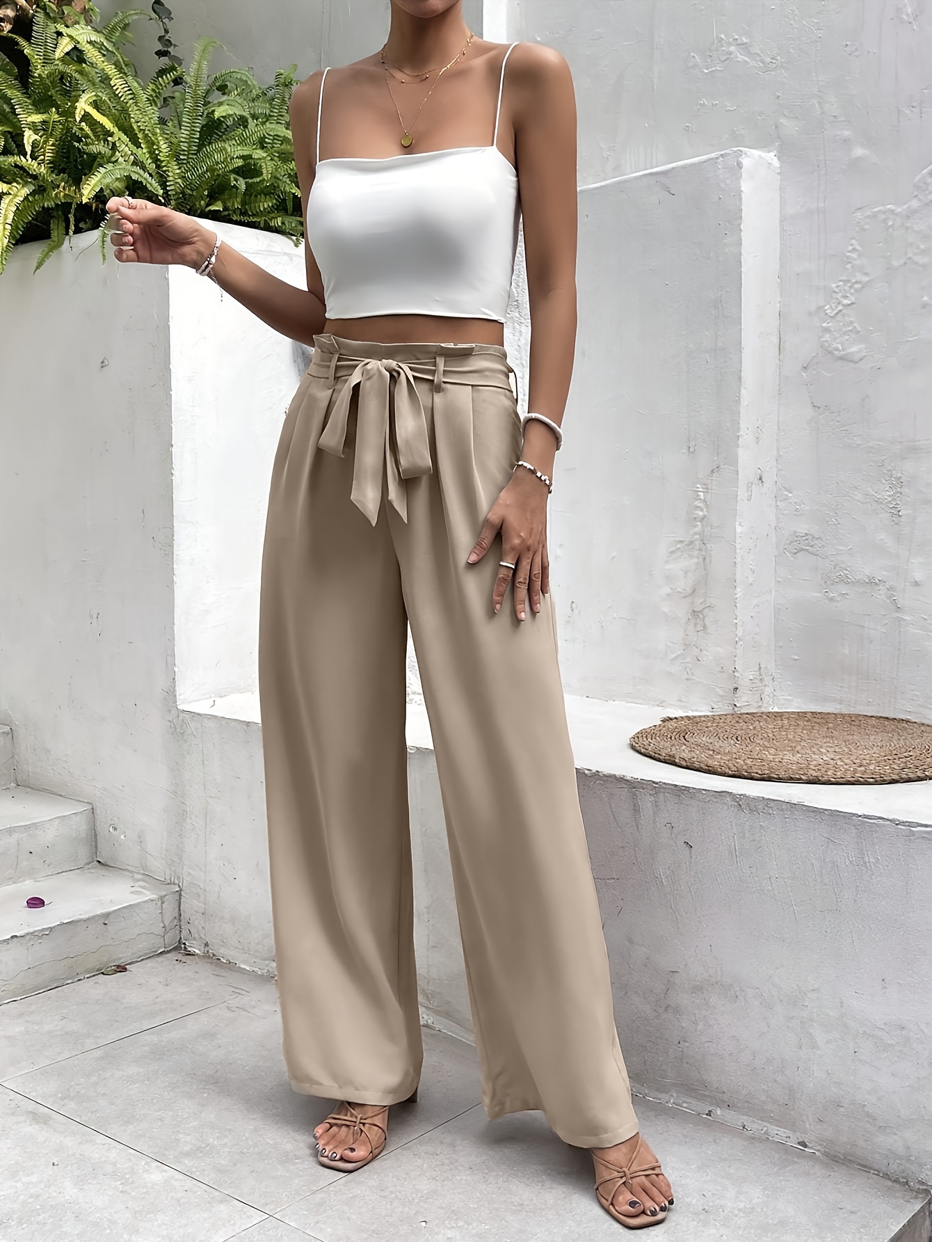 Solid High Waist Pants Elegant Wide Leg Belted Pants Women's - Temu