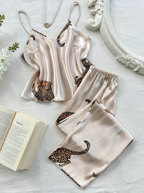 leopard print v neck pajistuiton 2pcs sleepwear suit nightgown matching pants machine washable pajamas for s cozy elegant bedwear for leopard print