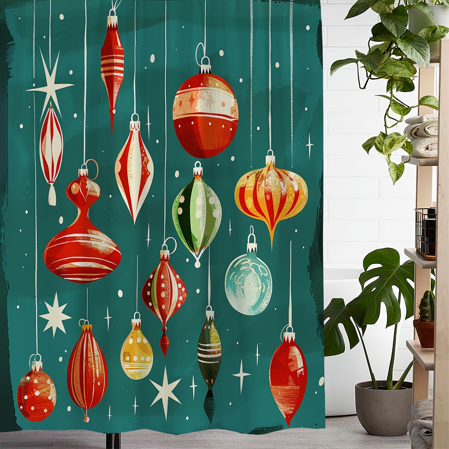 

Vintage Christmas Ornaments Print Waterproof Shower Curtain, Polyester Woven Fabric With 12 Hooks, Water-resistant Artsy Design, Machine Washable Bathroom Accessory