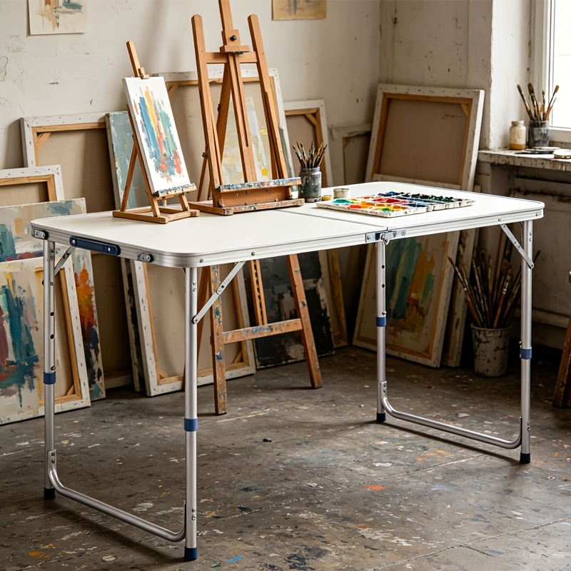 TEMU Three-level Height Adjustable Folding Table, For Home And Indoor Aluminum Alloy Bi-folding Table, Multi-height Adjustable Desk, Leisure Office