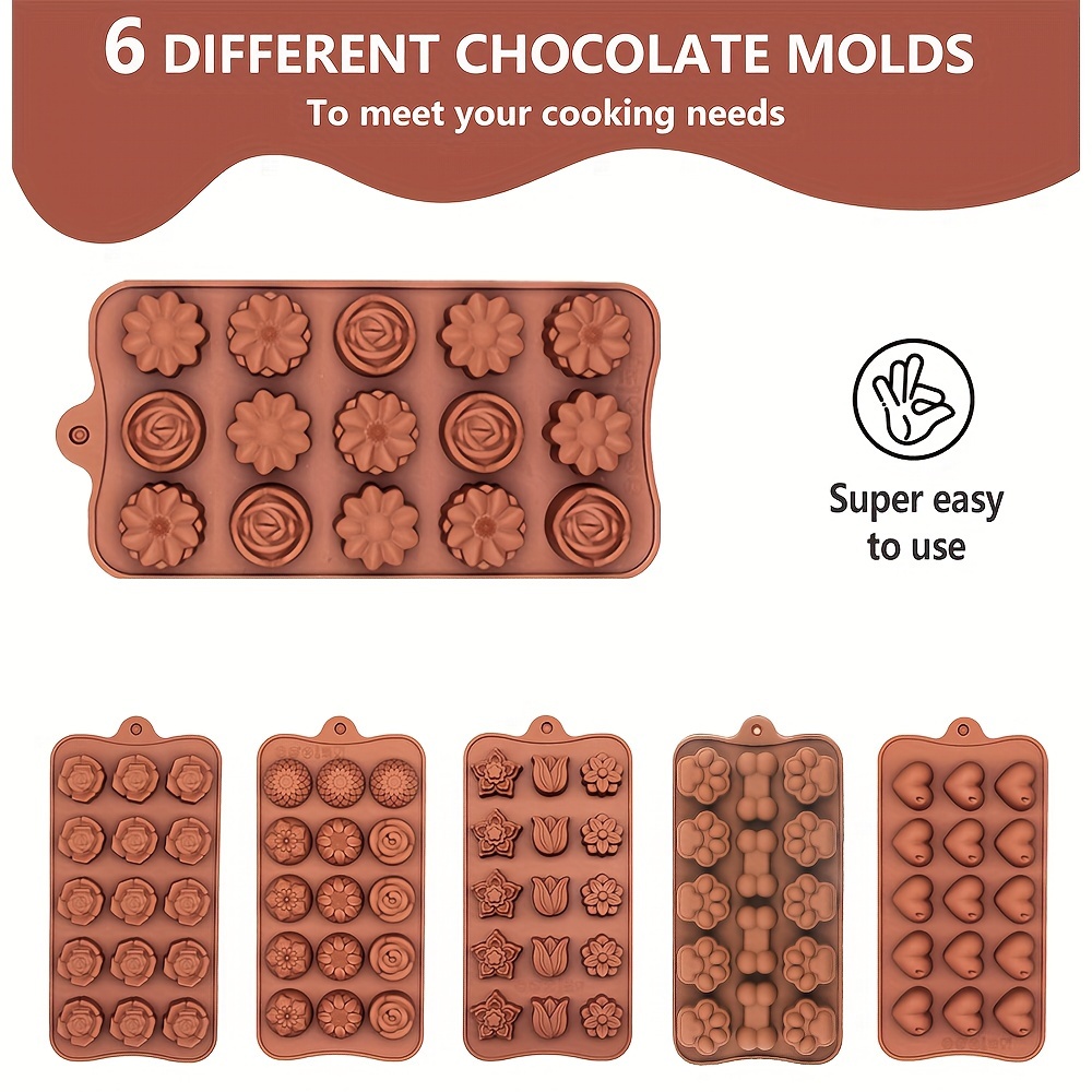 

6pcs Silicone Chocolate Molds Set, Flower, Heart, , Rose Shapes, Baking Molds, Food Grade, Bpa-free, Easy-to-use Candy & Jelly Molds For Kitchen Cooking Needs