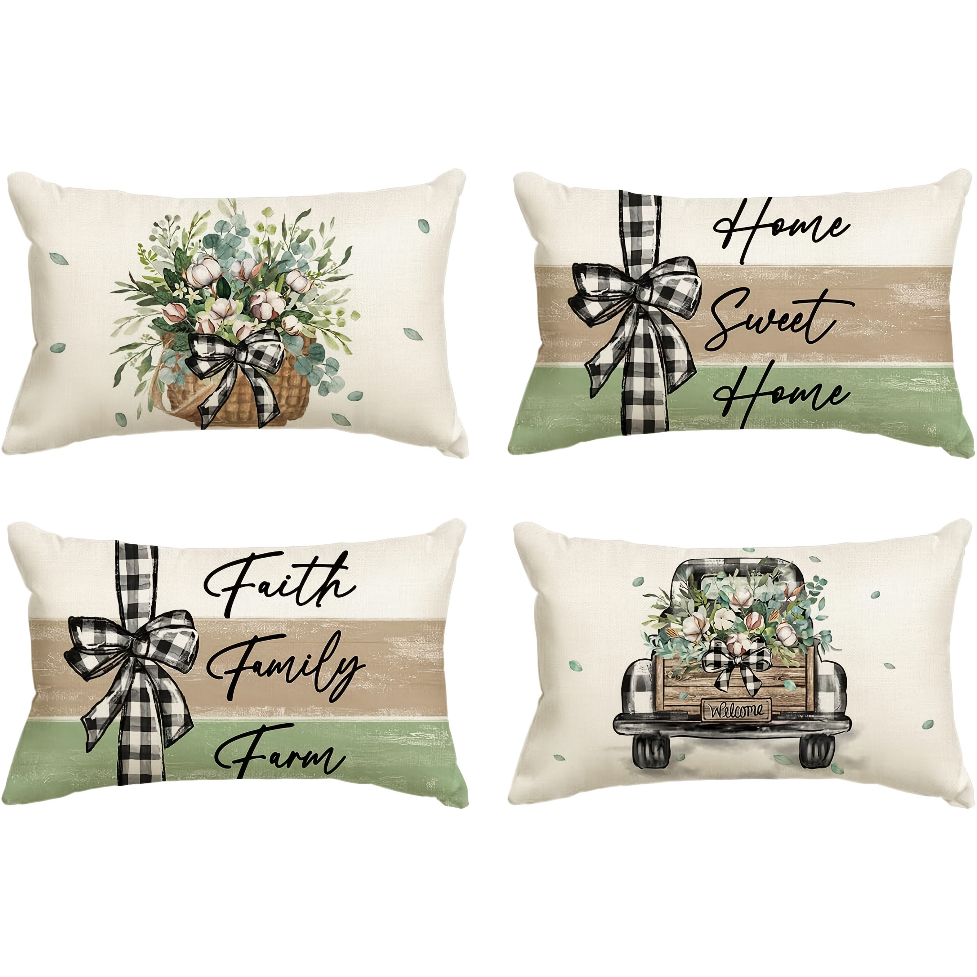 TEMU 4 pezzi, Fodere per Cuscini "" Stile con Foglie di Eucalipto, 12 x 20 Pollici, Righe Camion e Plaid Buffalo, Decorazioni per Cuscini ( Singolo,