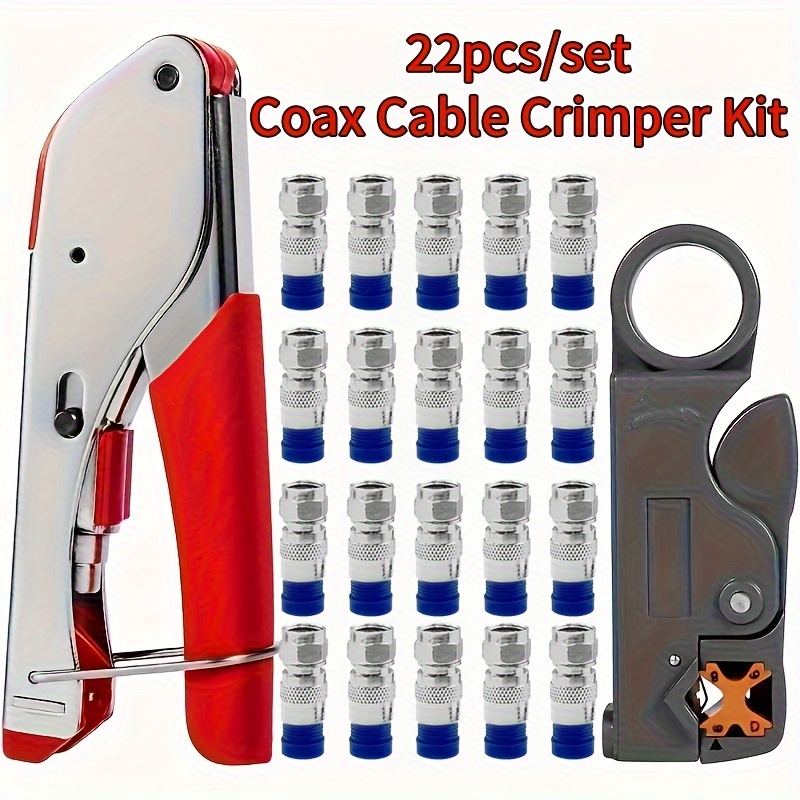 

22-piece Coaxial Cable Crimper Kit, Coax Tool Set With Wire Stripper, Includes F Rg6 Rg59 Connectors, Multifunctional Coaxial Cable Cutter - Metal Material