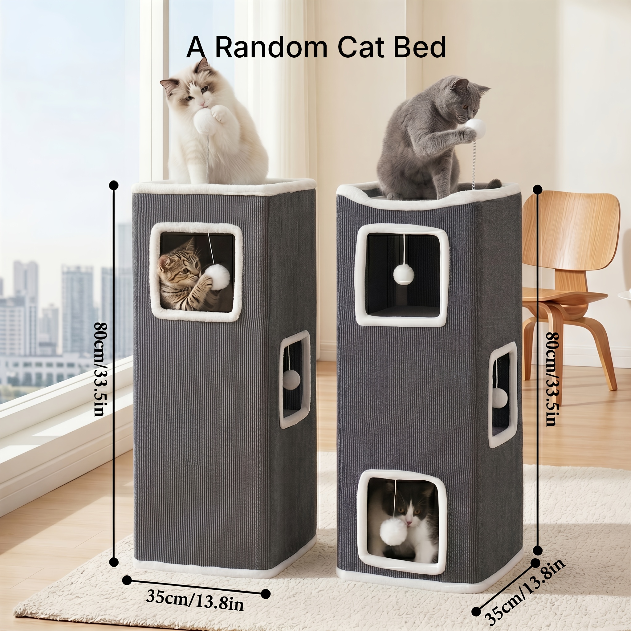 TEMU Three-layer Cat Bed, Grey Plush Fully Wrapped, Includes Cat Wand Toy, Stackable Style Cat Tree Bed, Sturdy Anti-shake Layered Design, Shared By