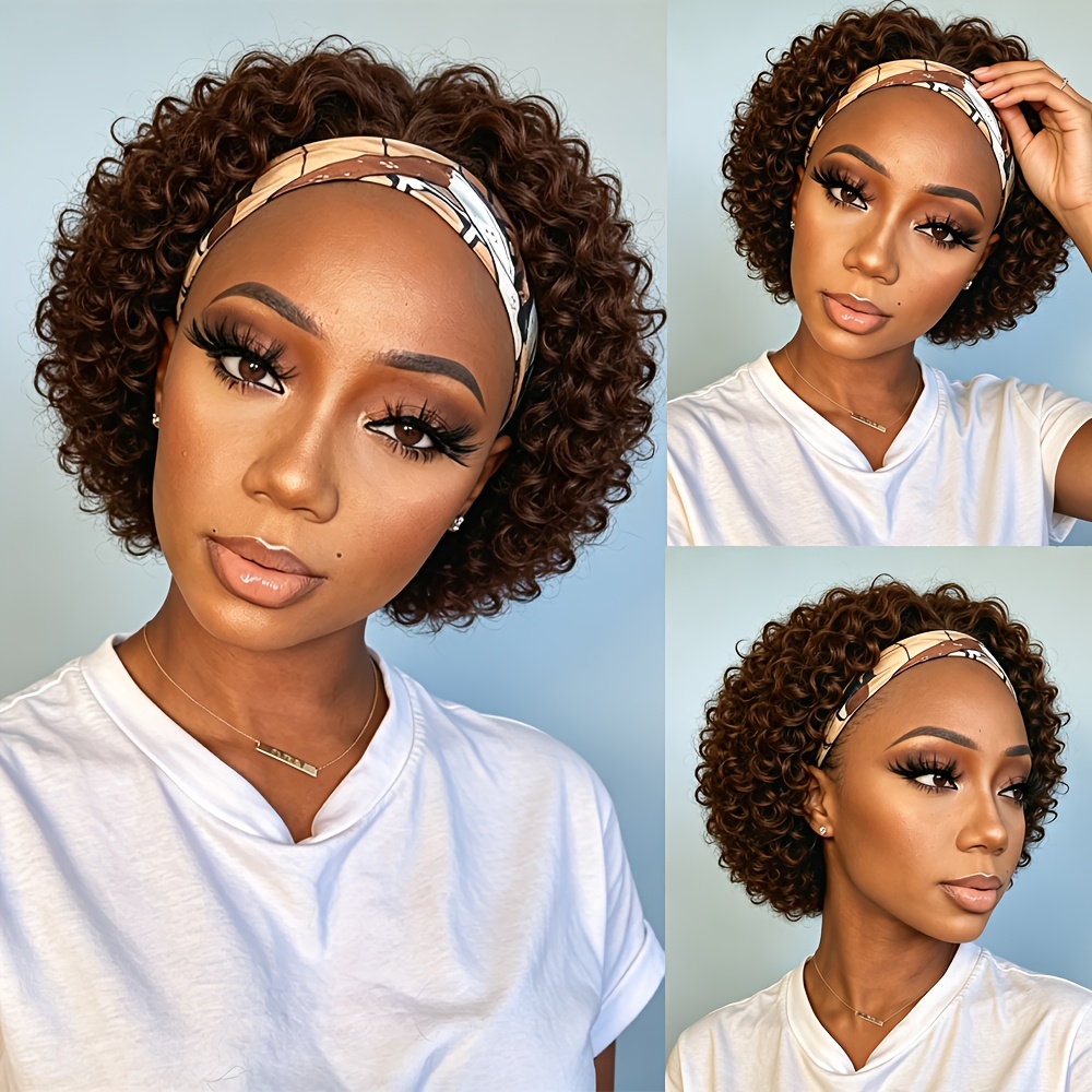 TEMU Headband Wig Human Hair Curly Wave 6 Inch Wigs For Women Glueless None Lace Front Curly Wave Wig Brazilian Hair Wigs 200% Density
