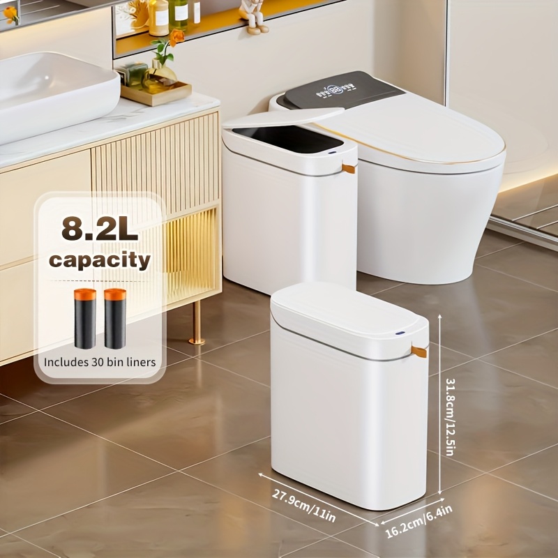 Bathroom Trash Can With Lid 8.5l (2.25 Gallon), Slim Narrow Touchless Waste Bin, Small Automatic Bin For (white)