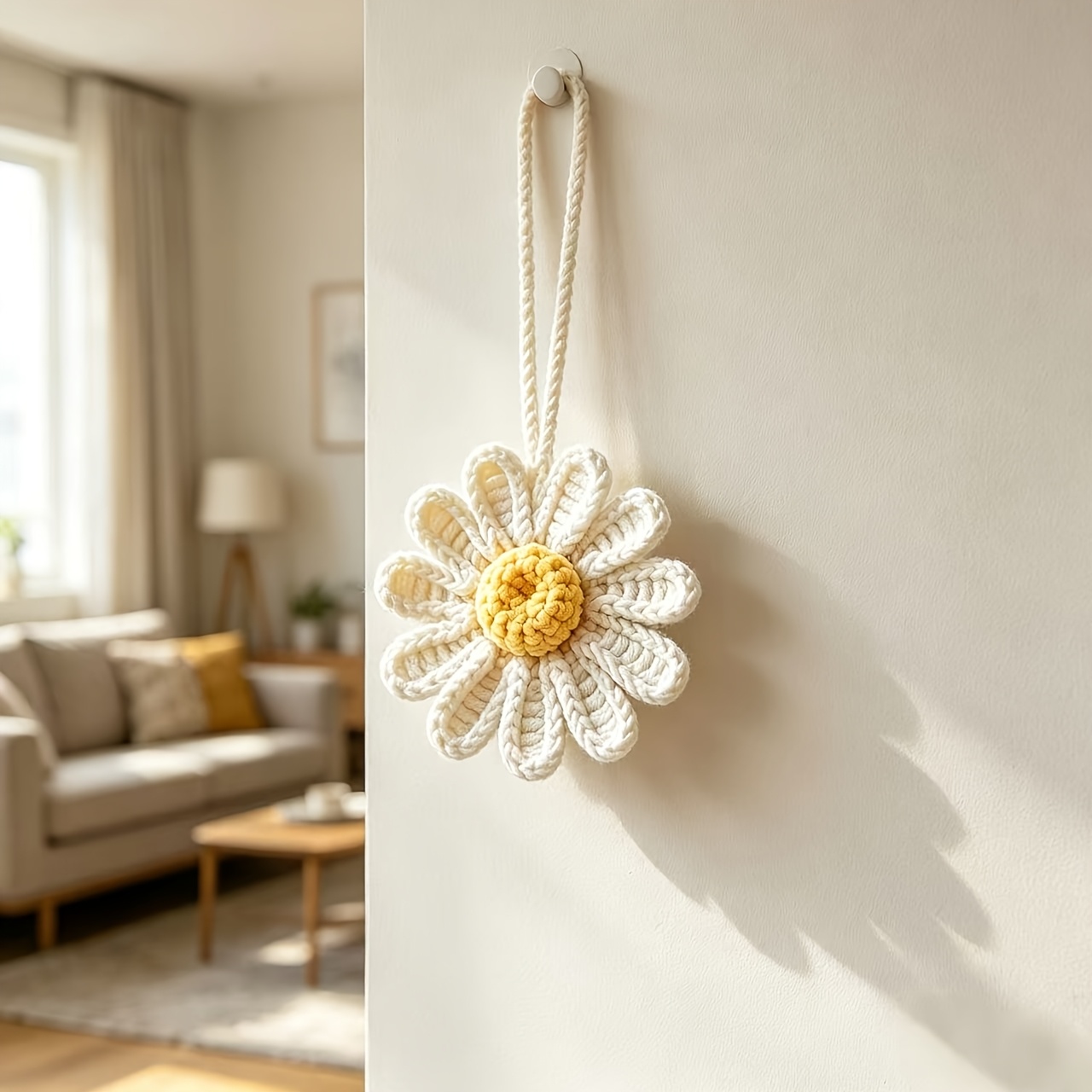 TEMU Handmade Crochet Daisy Pendant, 3 Colors , Keychain & Bag Charm, Car Rearview Mirror Decorationq