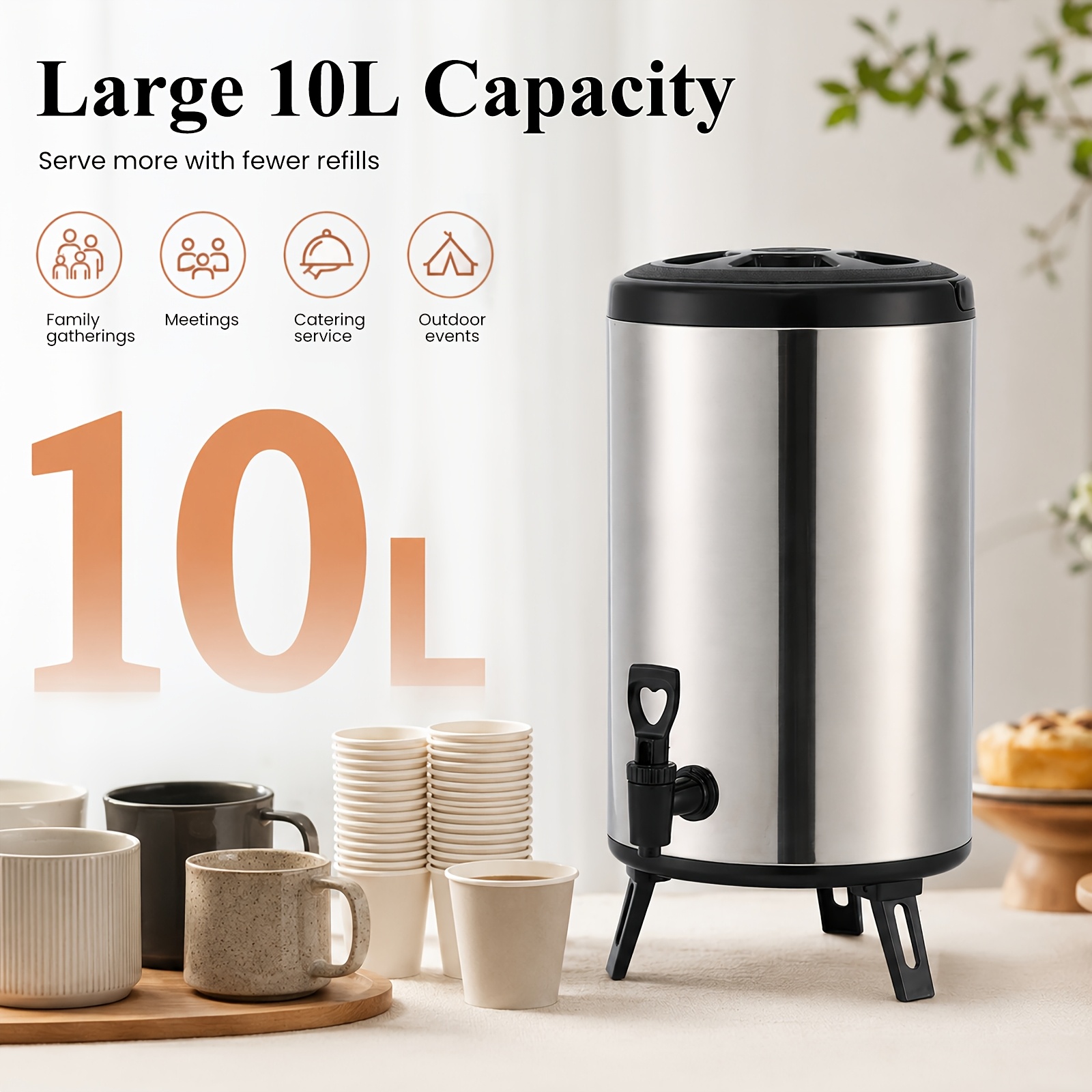 Image of 10l Beverage Dispenser, Stainless Steel Drink Dispenser With Spigot, Double Wall Insulation For Hot And Cold Beverages, Large Capacity Container For Parties, Catering, And Outdoor Events