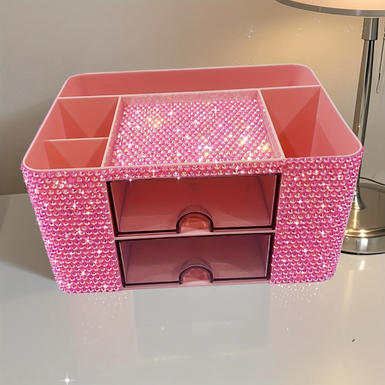 Image of 1pc Full Of Diamonds Sparkling Drawer Desktop Stationery Storage Box, Stationery Makeup Tool Small Accessory Cabinet, Jewelry Box Jewelry Storage Box, Diamond-covered Gift