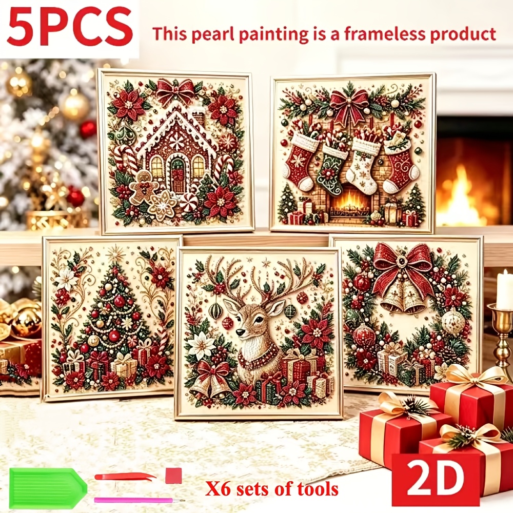 TEMU 5pcs 2d Printed Christmas Pearl Painting For Home Wall Decor Art Craft Kit, Christmas Pearl Bead Art Craft For Beginners, Diamond Dot Painting