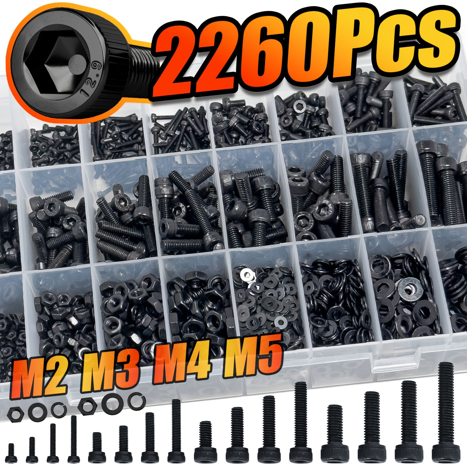 E-shop 2260-teiliges M2/M3/M4/M5 Sechskant-Steckschrauben Sortiment | 12.9 Legierung Stahl Vollgewinde Metrische Schrauben, Passende Muttern,
