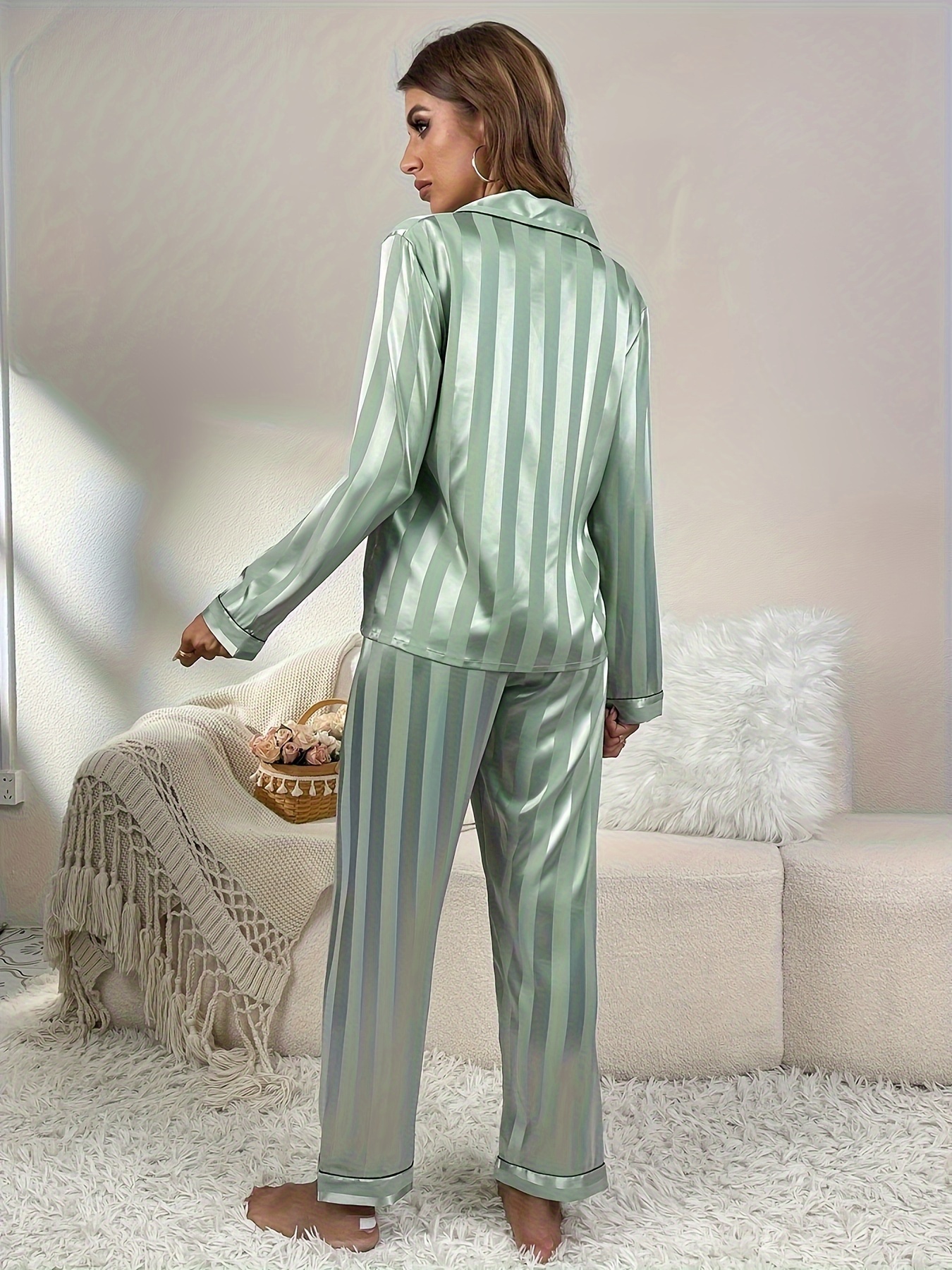 Striped Satin Pajama Set Long Sleeve Buttons Top Lounge - Temu Canada