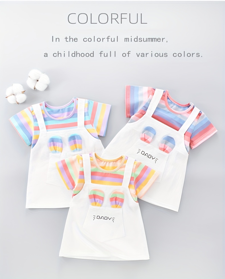 A New Baby Girl'S Summer Dress, Featuring Striped Short Sleeves And a Faux Two-Piece Design, Made of Pure Cotton, Perfect for Little Ones.