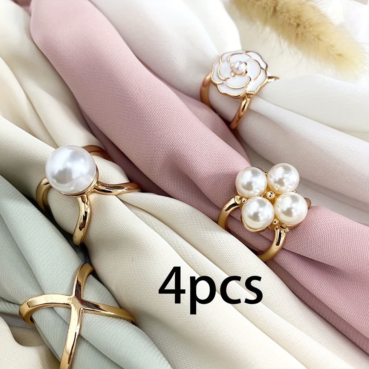 

4pcs Style Alloy Scarf Ring Set For Women - Decorative Scarf Clip, Multipurpose Fashion Shawl Ring Accessory, Ideal For Weekend Casual - Yarn-dyed, Hand Washable Scarf Charms Without Feathers