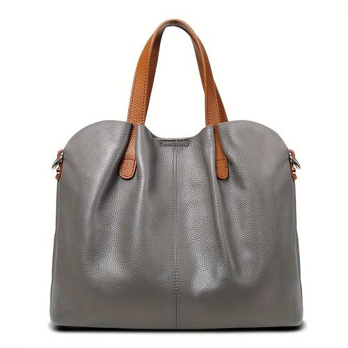 elegant womens genuine leather tote bag large capacity adjustable strap solid color with two tone leather accents crossbody handbag red black top layer cowhide zip closure bag elegant leather bag durable leather