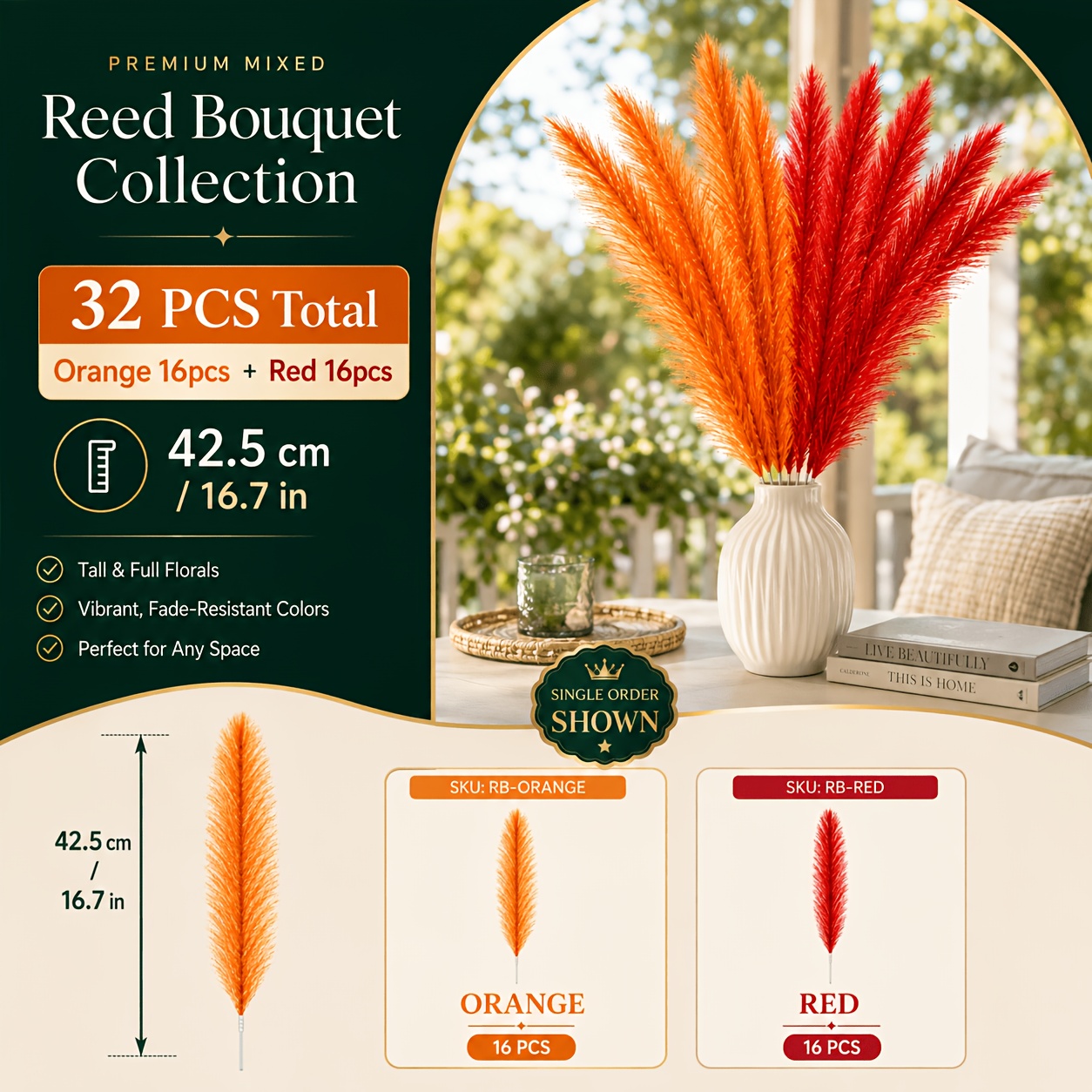 TEMU Bouquet de 32 tiges de pampas artificielles orange-rouge, fausses tiges de roseaux moelleuses et pleines, idéales pour les florales, automne