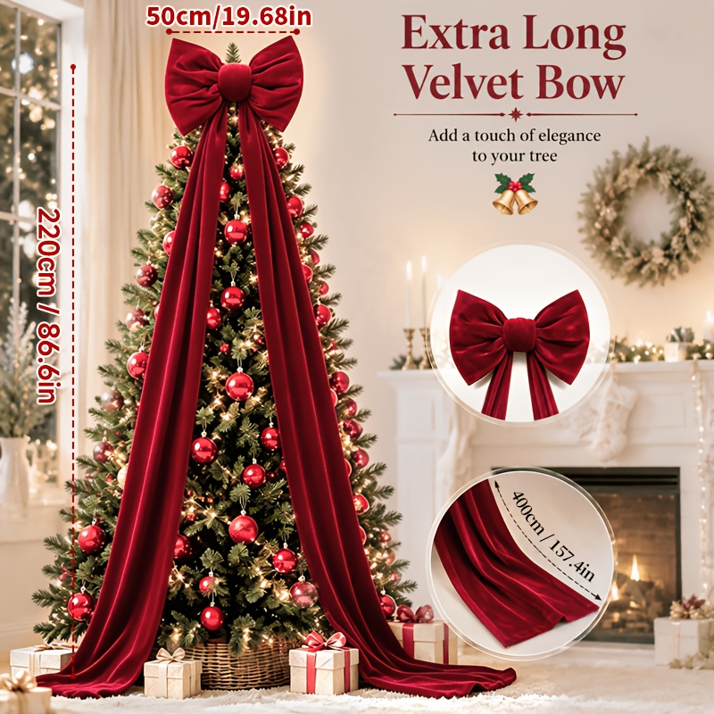 TEMU 1pc 86.6-inch Extra Large Red Velvet Bow Christmas Tree Topper Ornament, Premium Three-dimensional Thickened Velvet, Suitable For Hanging On