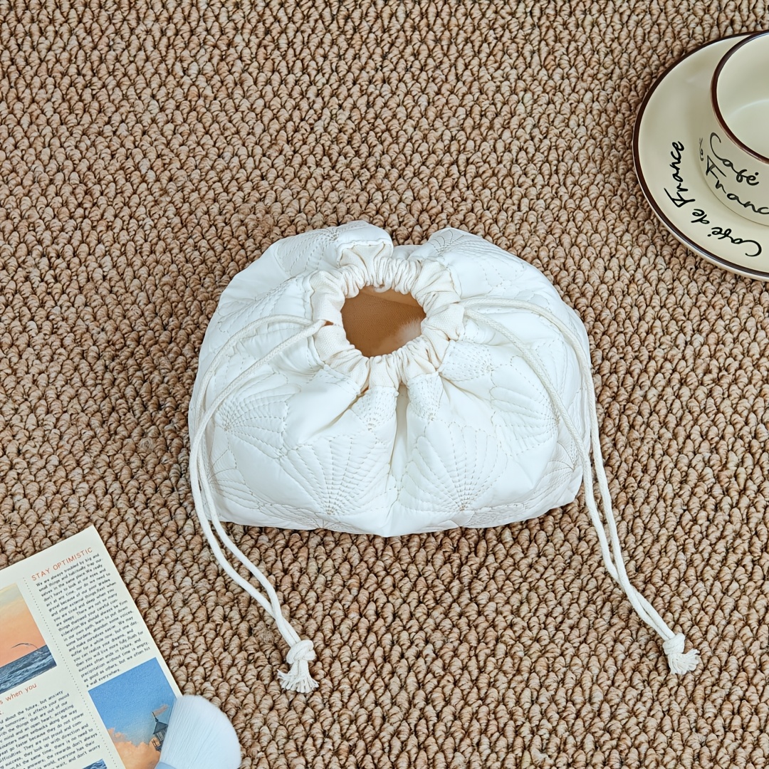 TEMU Quilted Scallop Pattern Drawstring Makeup Bag, Small Cute Convenient Hanging Pouch Foldable, Sanitary Napkin Anti-embarrassment Storage Bag, For