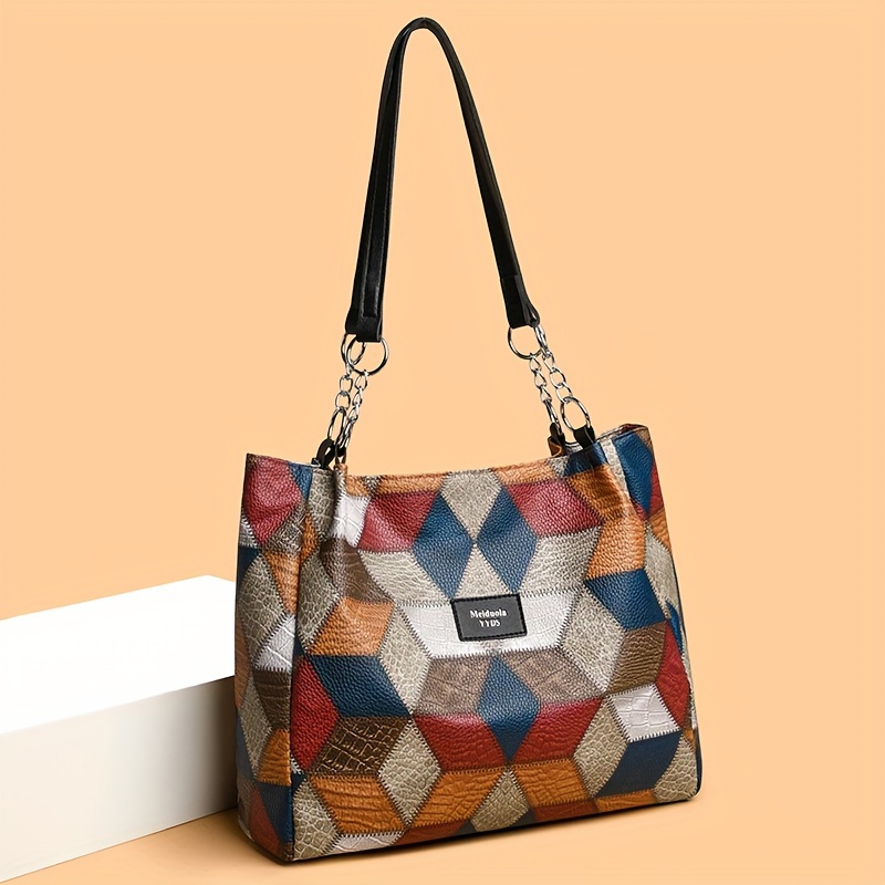 

Elegant Women's Tote Bag With Geometric Pattern | Color-block Design | Large Capacity Pu Leather Shoulder Bag | Versatile Purse For Work, Commute, And Travel | Chic Handbag