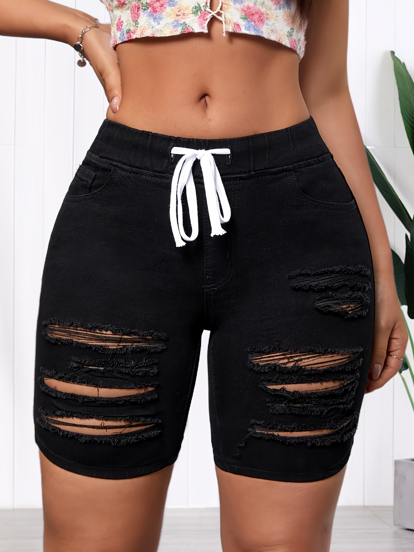 women's fashionable high waisted black denim shorts Temu Ireland